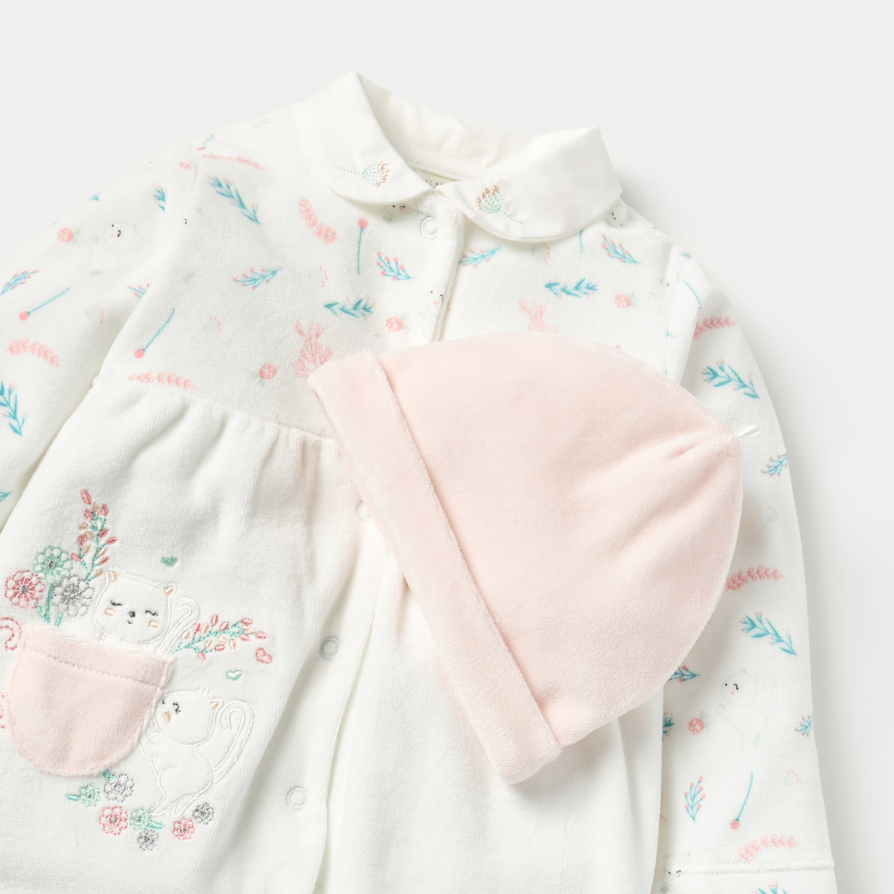 Juniors Printed Velour Closed Feet Sleepsuit with Cap-bsclothing-babygirls-nightwear-sleepsuits-image-4