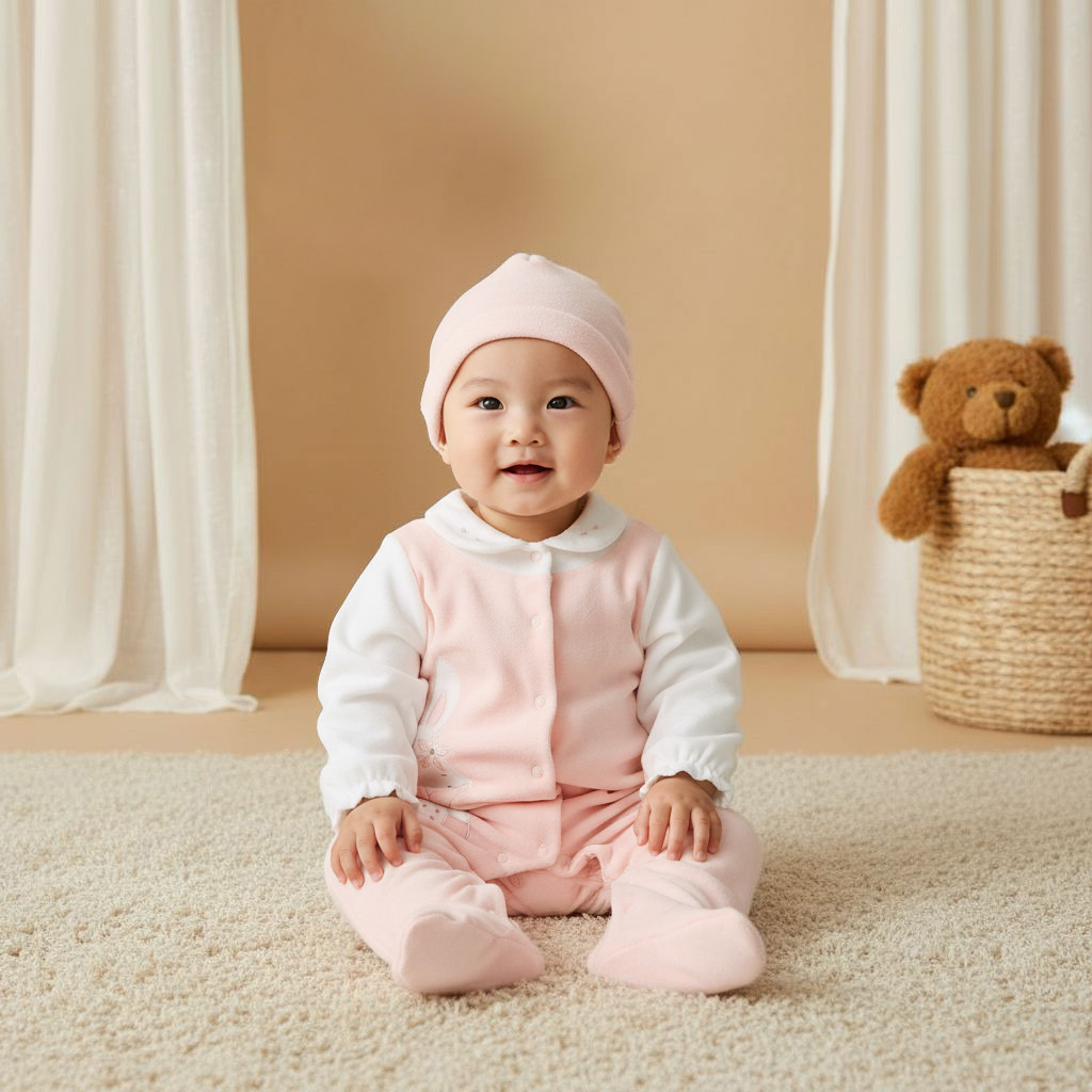 Juniors Collared Sleepsuit with Beanie - Velour - Long Sleeves-baby-girls-clothing-nightwear-sleepsuits-image-7