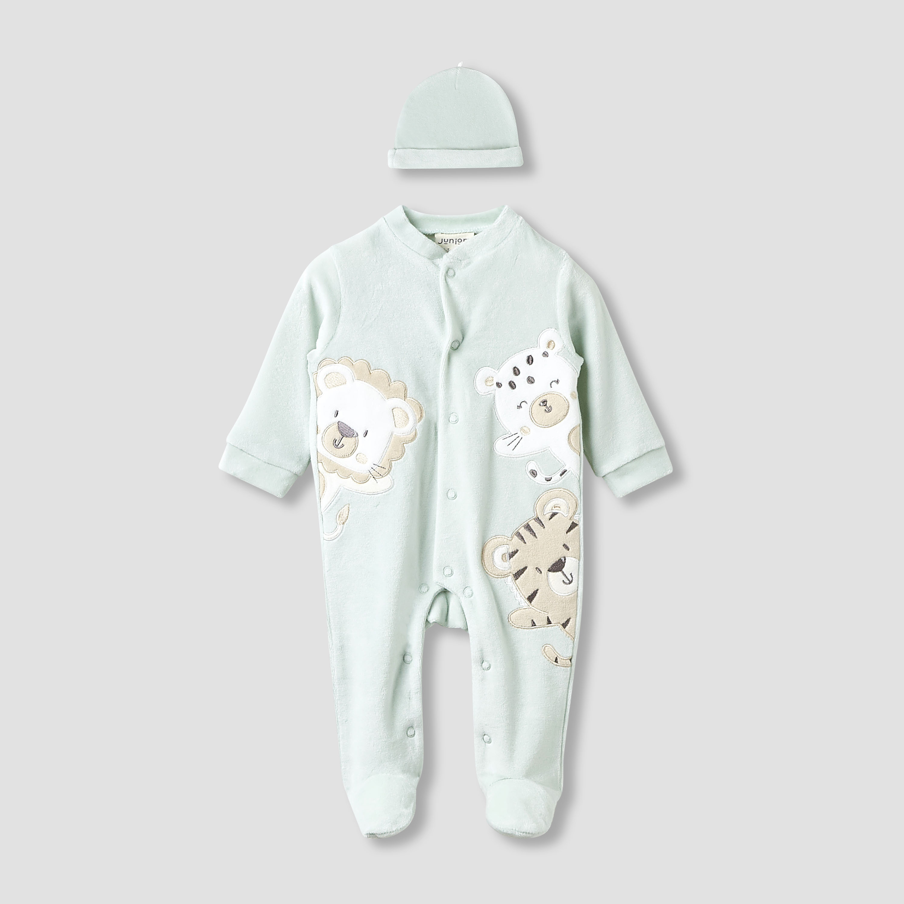 بدلة نوم قطيفة بياقة وأكمام طويلة وقبعة بيني من جونيورز-baby-boys-clothing-winterwear-sleepsuits-image-6