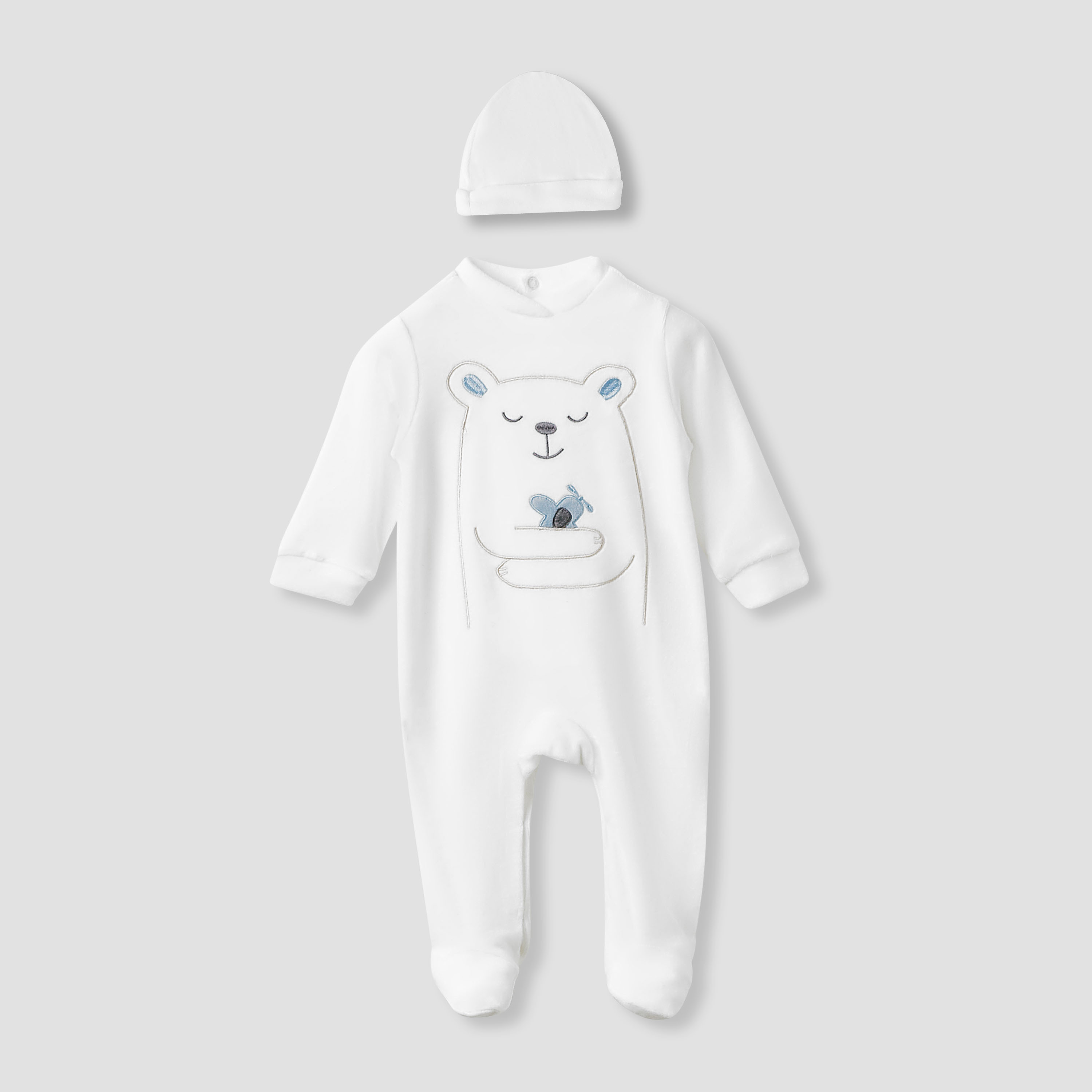 Juniors Collared Neck Sleepsuit with Beanie - Velour - Long Sleeves-baby-boys-clothing-winterwear-sleepsuits-image-1