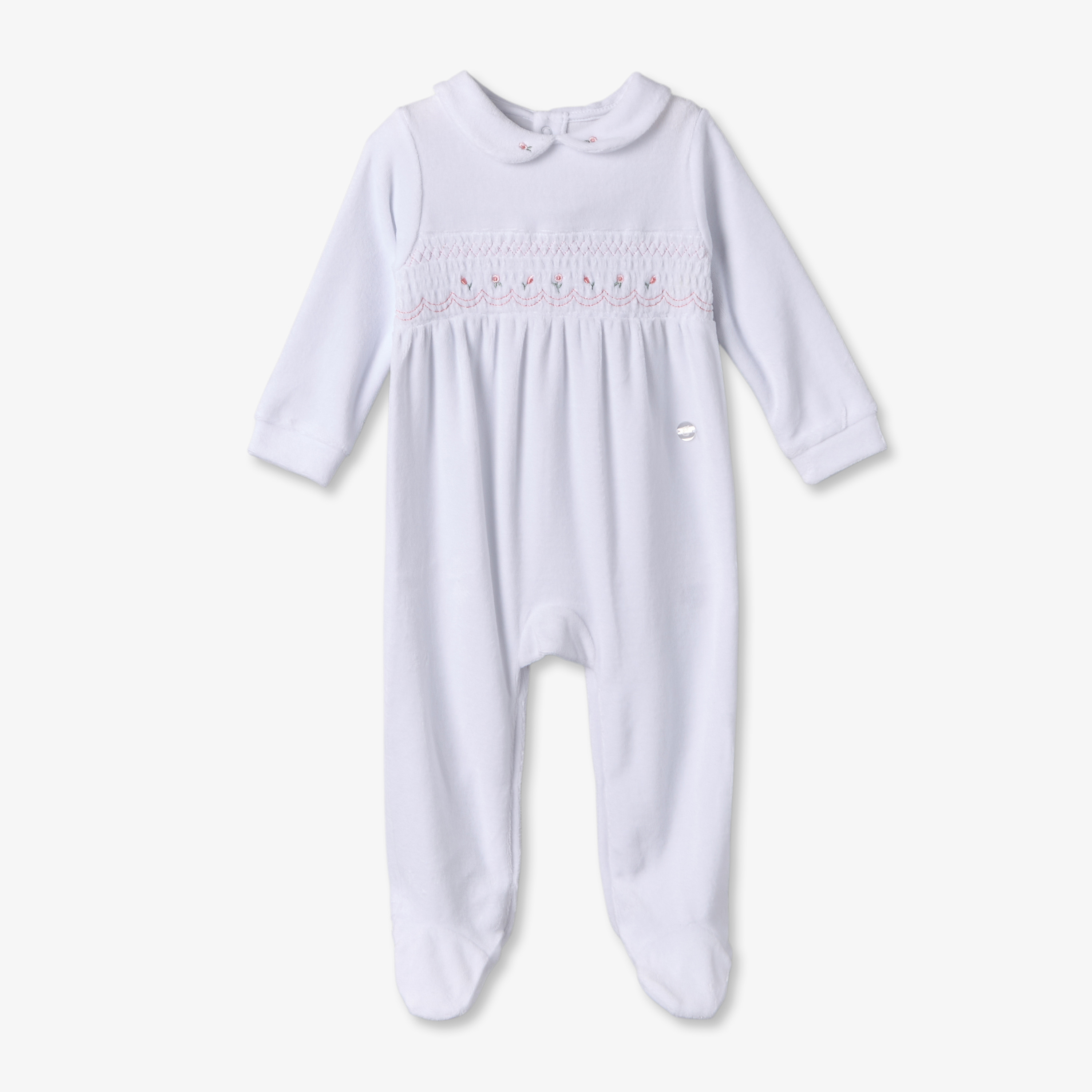 Juniors Velour Collared Long Sleeves Sleepsuit with Smocking-baby-girls-clothing-nightwear-sleepsuits-image-1