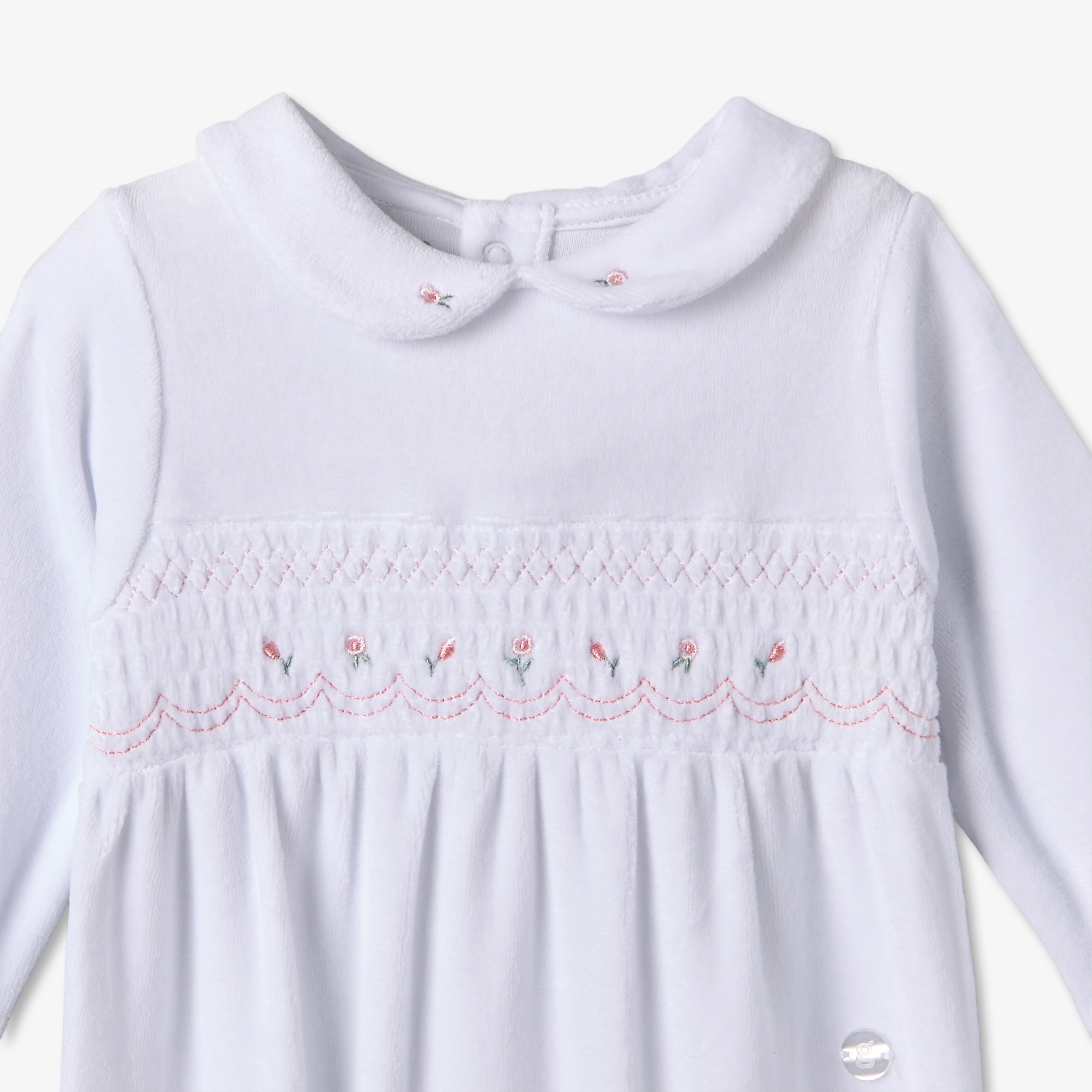 Juniors Velour Collared Long Sleeves Sleepsuit with Smocking-baby-girls-clothing-nightwear-sleepsuits-image-3