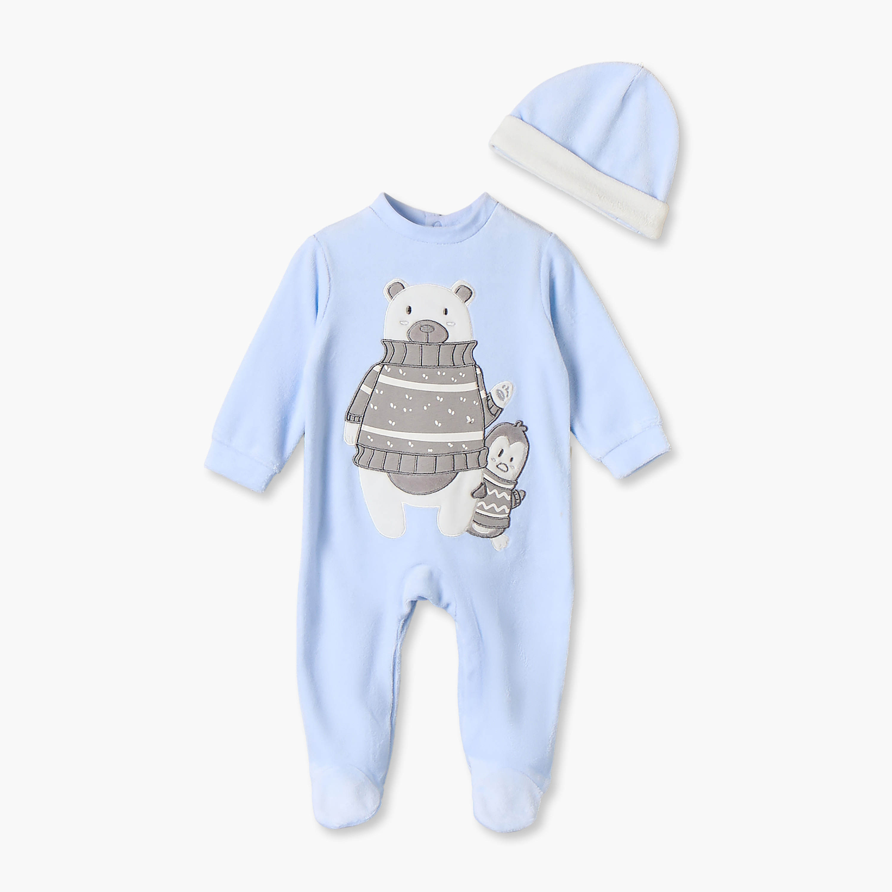 بدلة نوم فيلور بياقة ضيقة وأكمام طويلة مع كاب بزينة دب من جونيورز-baby-boys-clothing-nightwear-sleepsuits-image-1