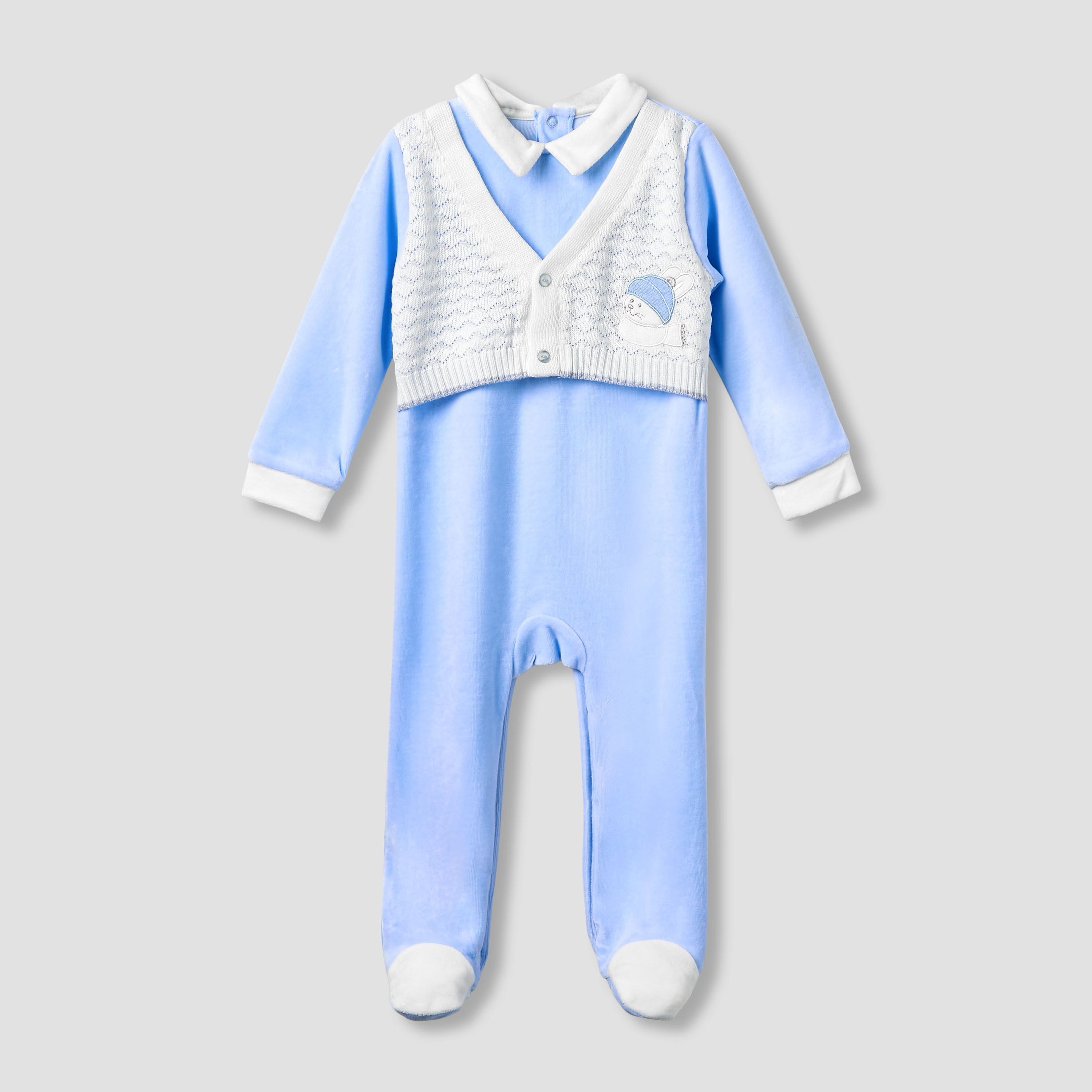 Giggles Collared Sleepsuit with Long Sleeves - Velour - Long Sleeves-baby-boys-clothing-winterwear-sleepsuits-image-1
