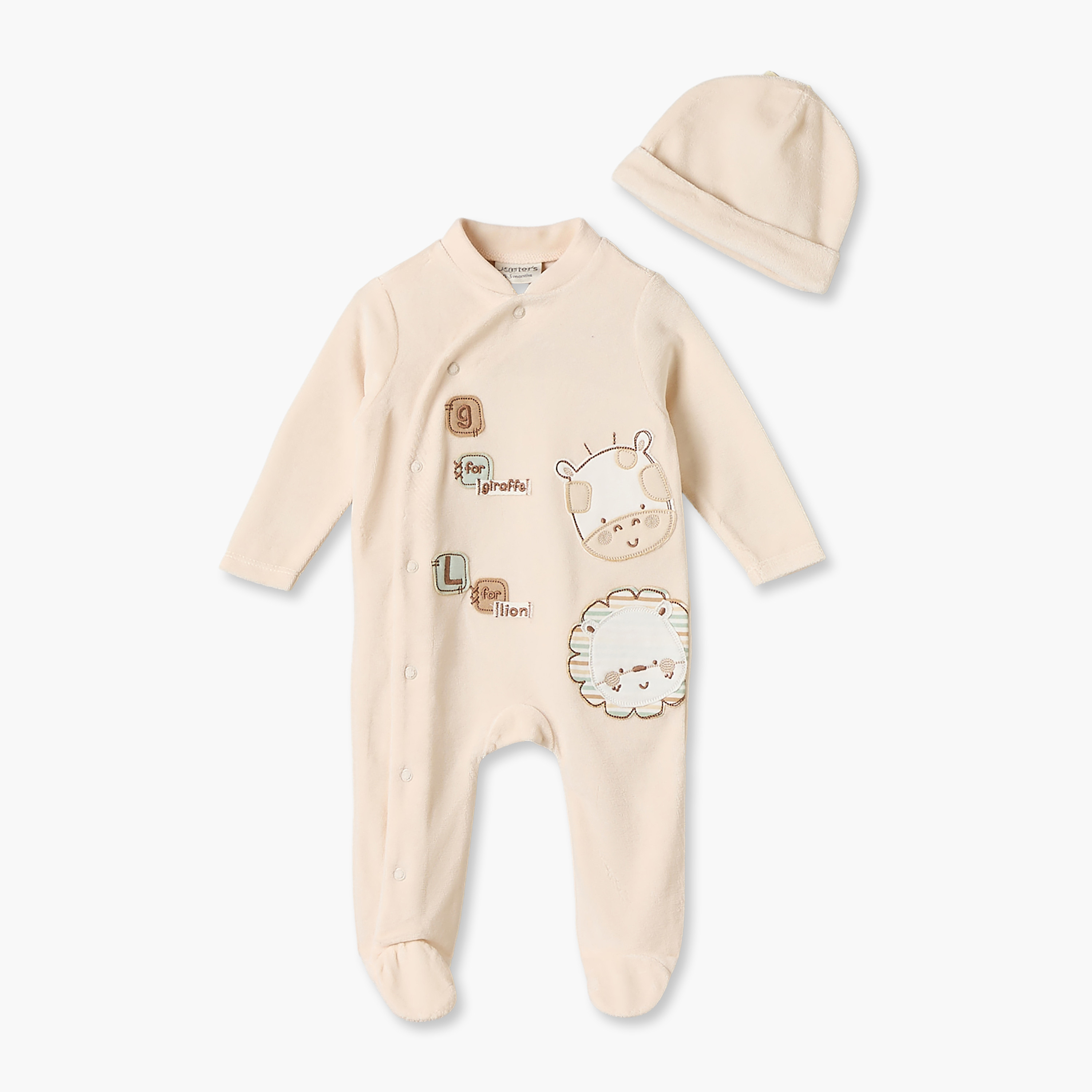 Juniors Velour Crew Neck Long Sleeves Sleepsuit and Cap with Safari Applique-baby-boys-clothing-nightwear-sleepsuits-image-1
