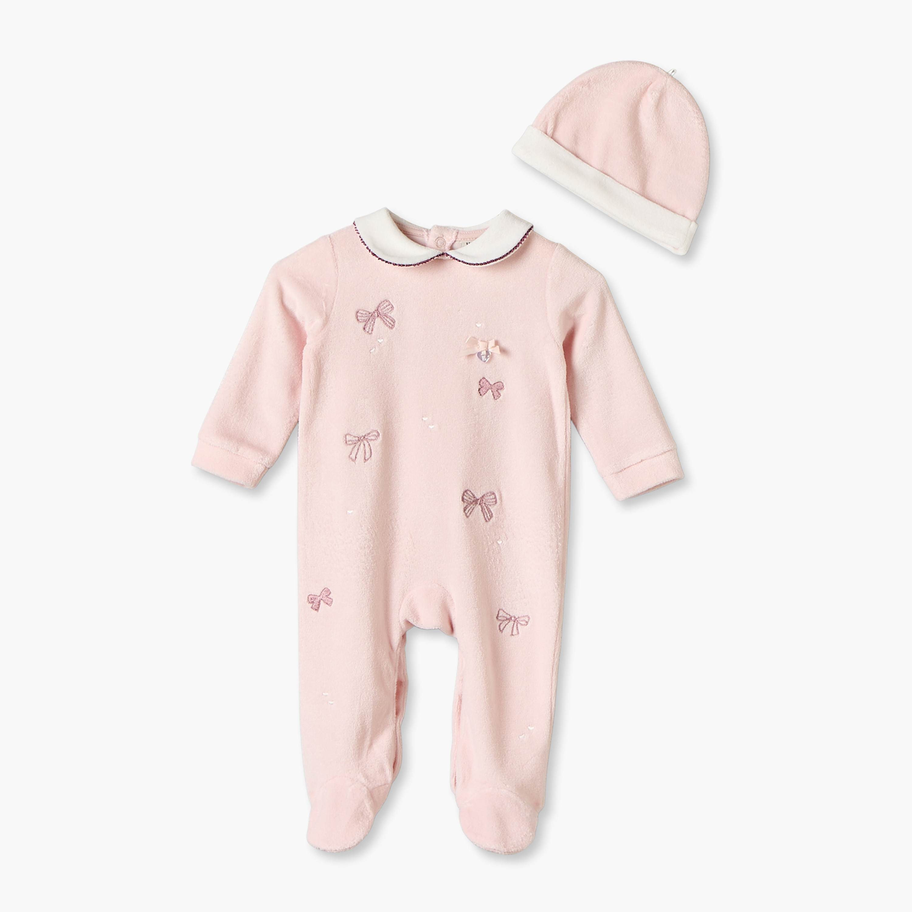 بدلة نوم قطيفة بأكمام طويلة وتطريزات فيونكة مع قبعة من جونيورز-baby-girls-clothing-nightwear-sleepsuits-image-2