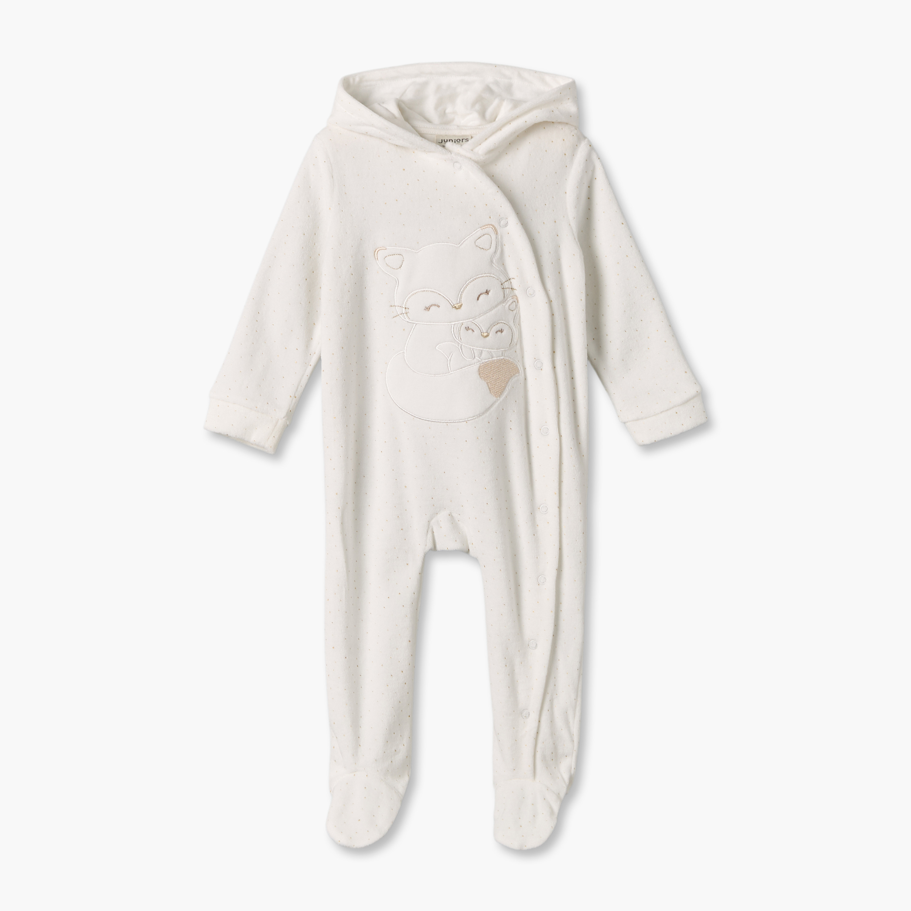 Juniors Velour Hooded Long Sleeves Sleepsuit with Cat Print-baby-girls-clothing-nightwear-sleepsuits-image-1