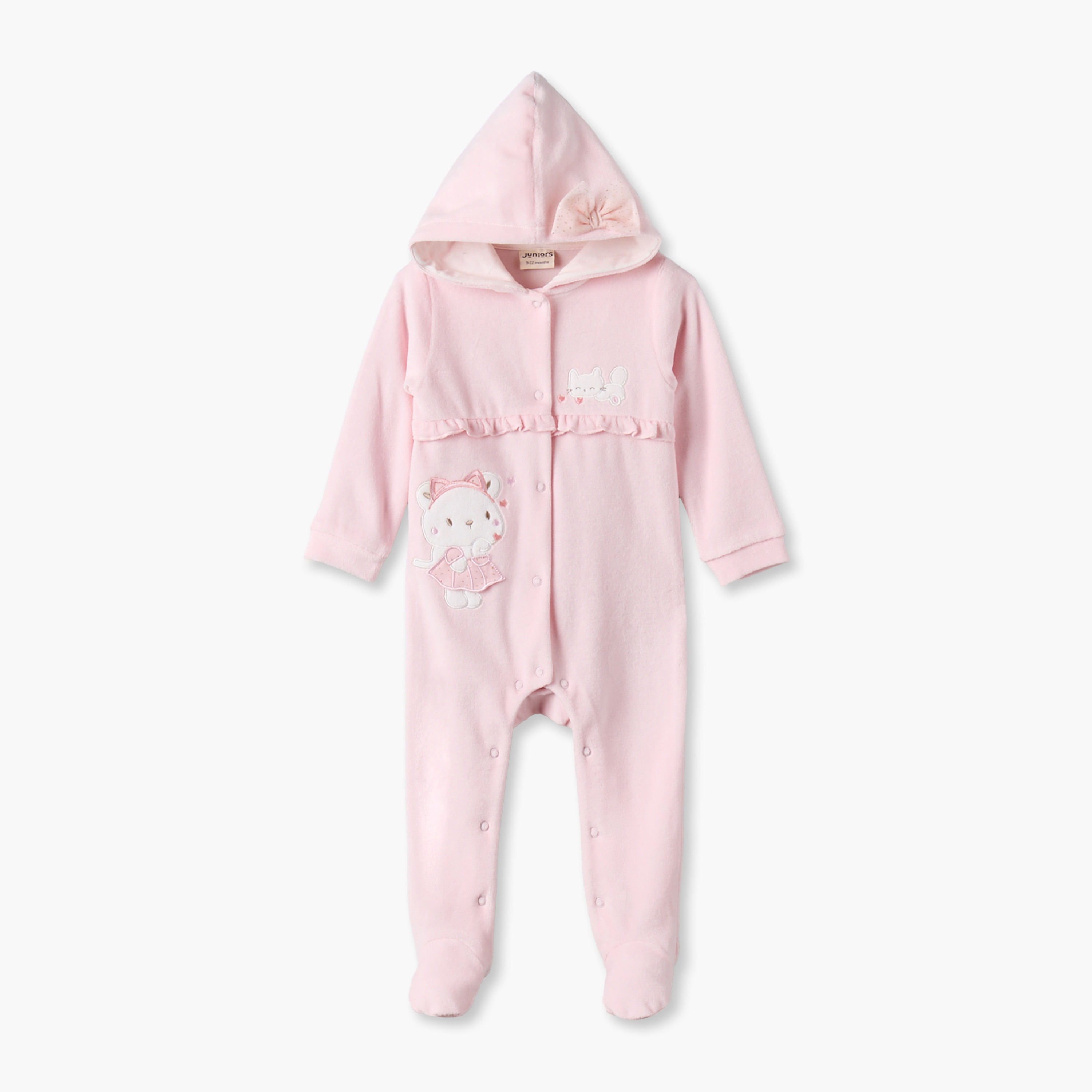 Juniors Velour Hooded Long Sleeves Sleepsuit with Cat Embroidery-baby-girls-clothing-nightwear-sleepsuits-image-1