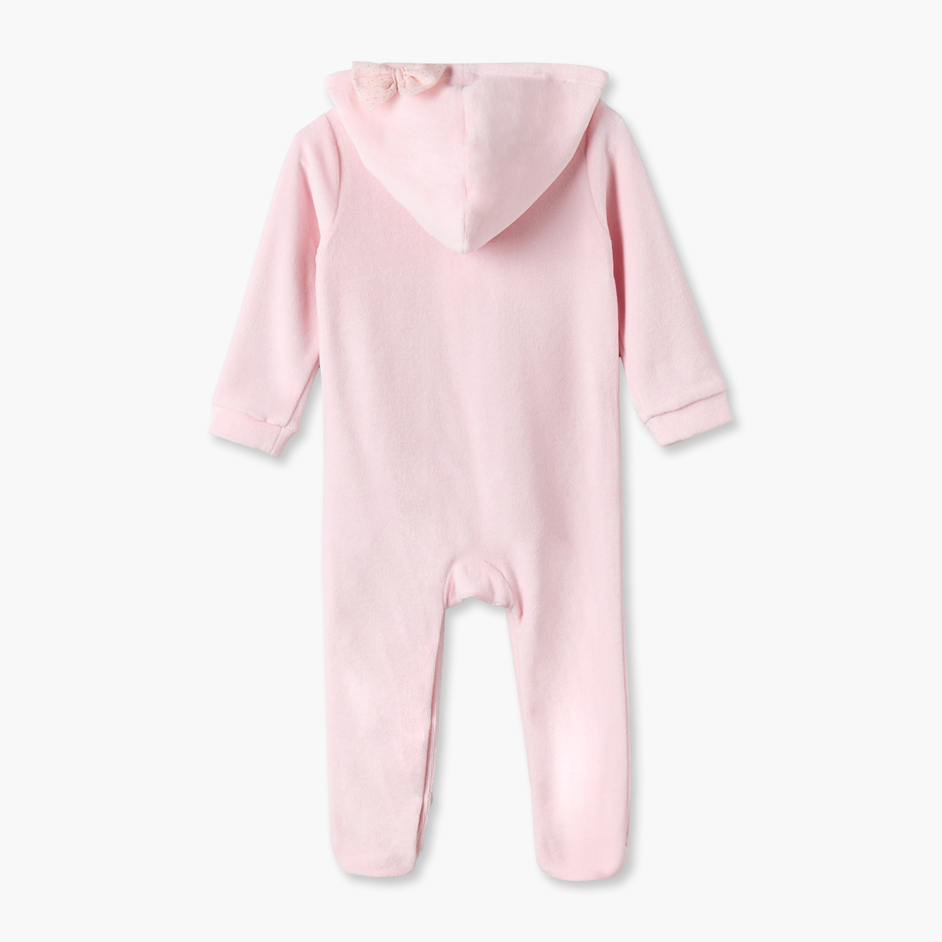 Juniors Velour Hooded Long Sleeves Sleepsuit with Cat Embroidery-baby-girls-clothing-nightwear-sleepsuits-image-2