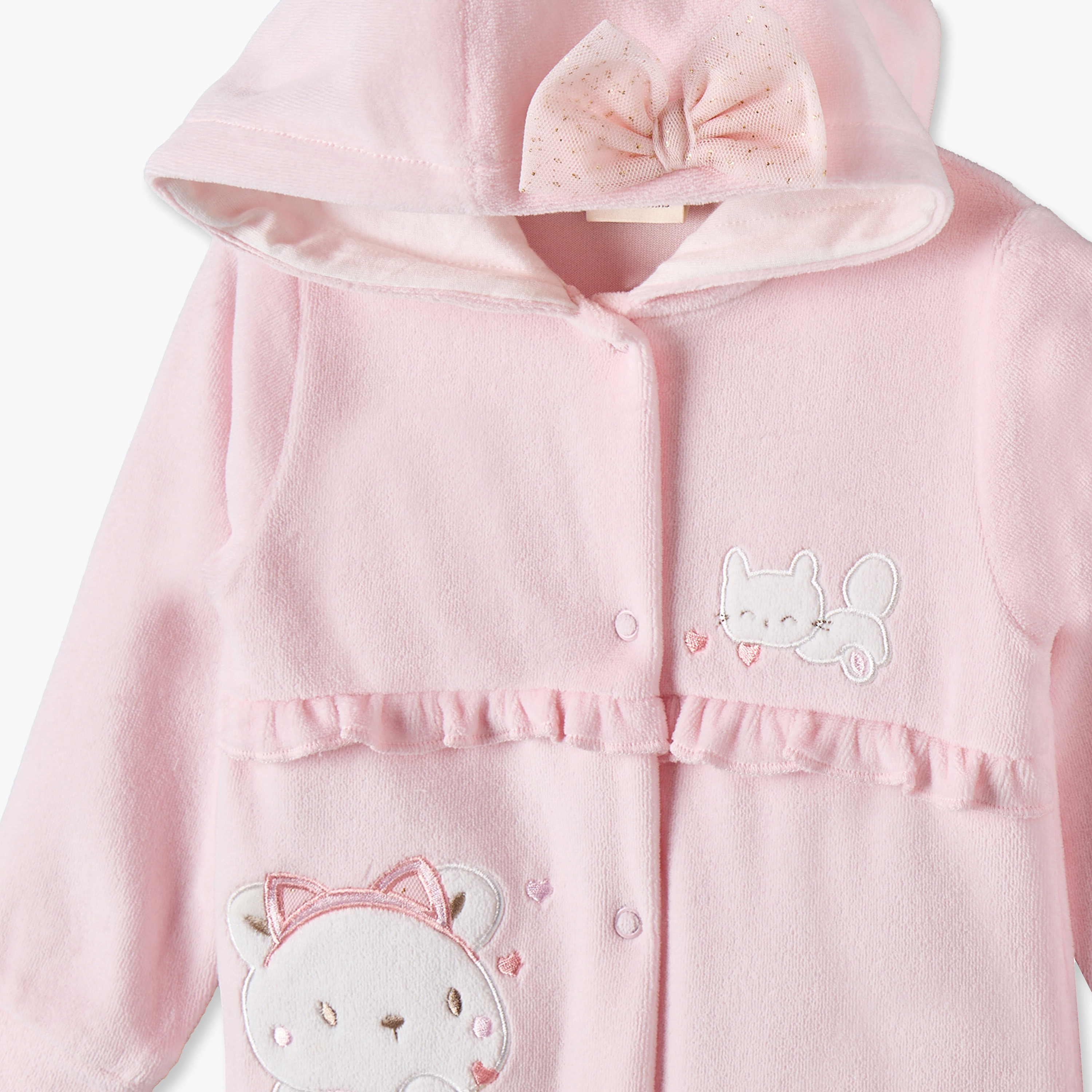 Juniors Velour Hooded Long Sleeves Sleepsuit with Cat Embroidery-baby-girls-clothing-nightwear-sleepsuits-image-3