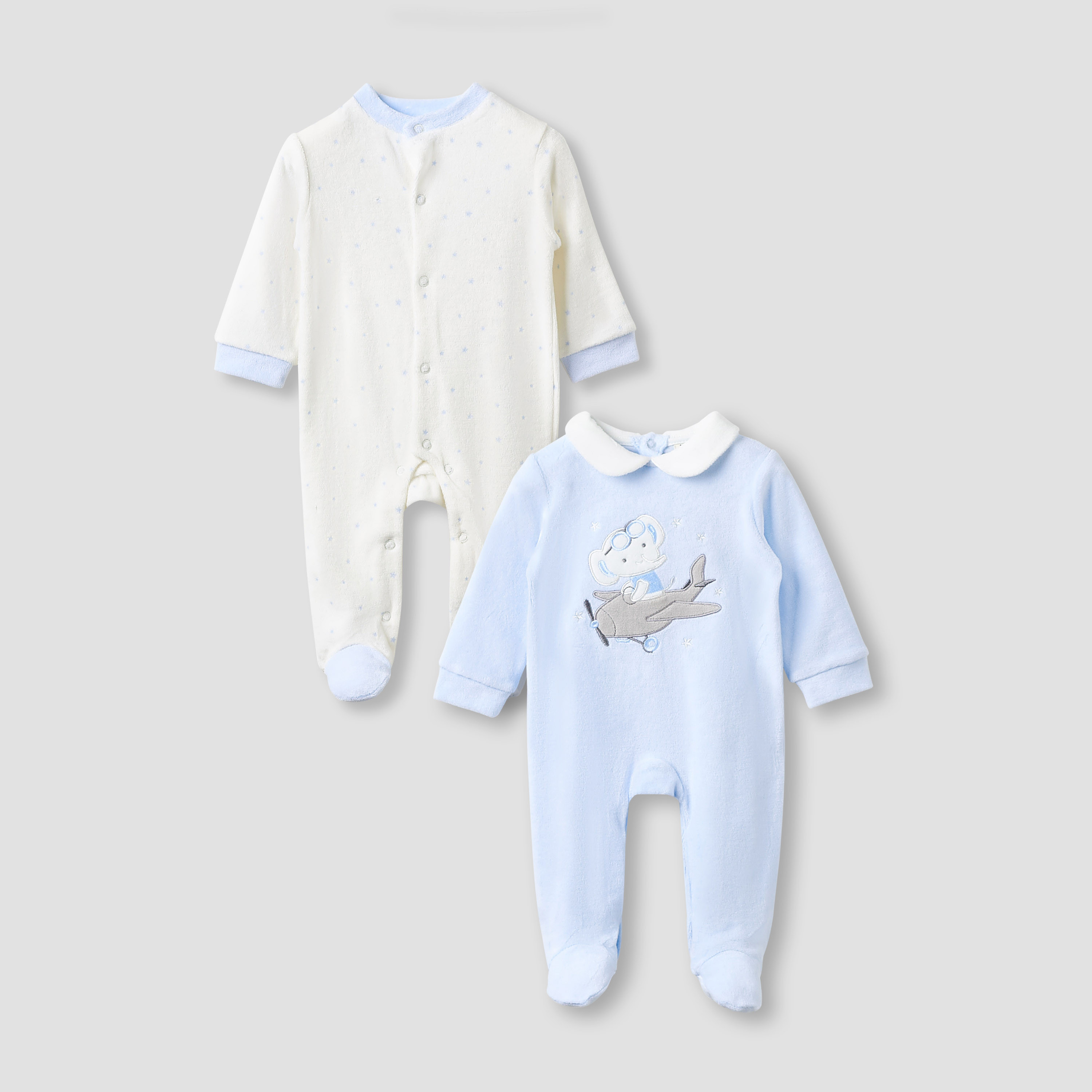 Juniors Collared Sleepsuit with Closed Feet - Velour - Long Sleeves - Set of 2-baby-boys-clothing-nightwear-sleepsuits-image-1