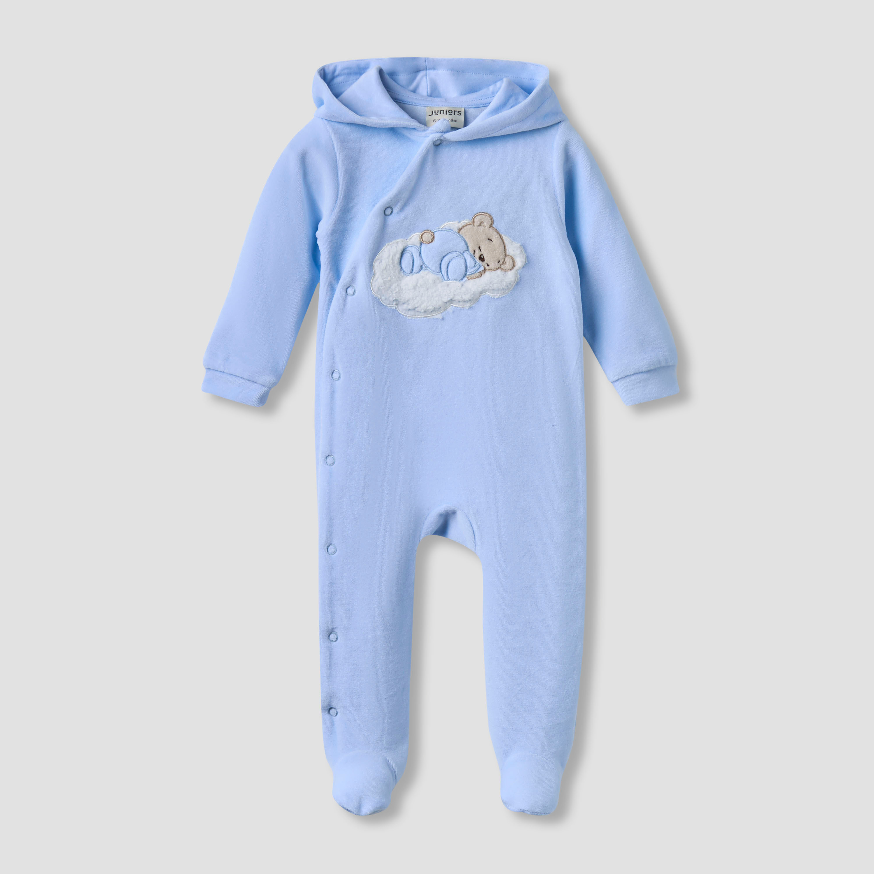 Juniors Hooded Closed Foot Sleepsuit with Bear Applique - Velour - Long Sleeves-baby-boys-clothing-nightwear-sleepsuits-image-1