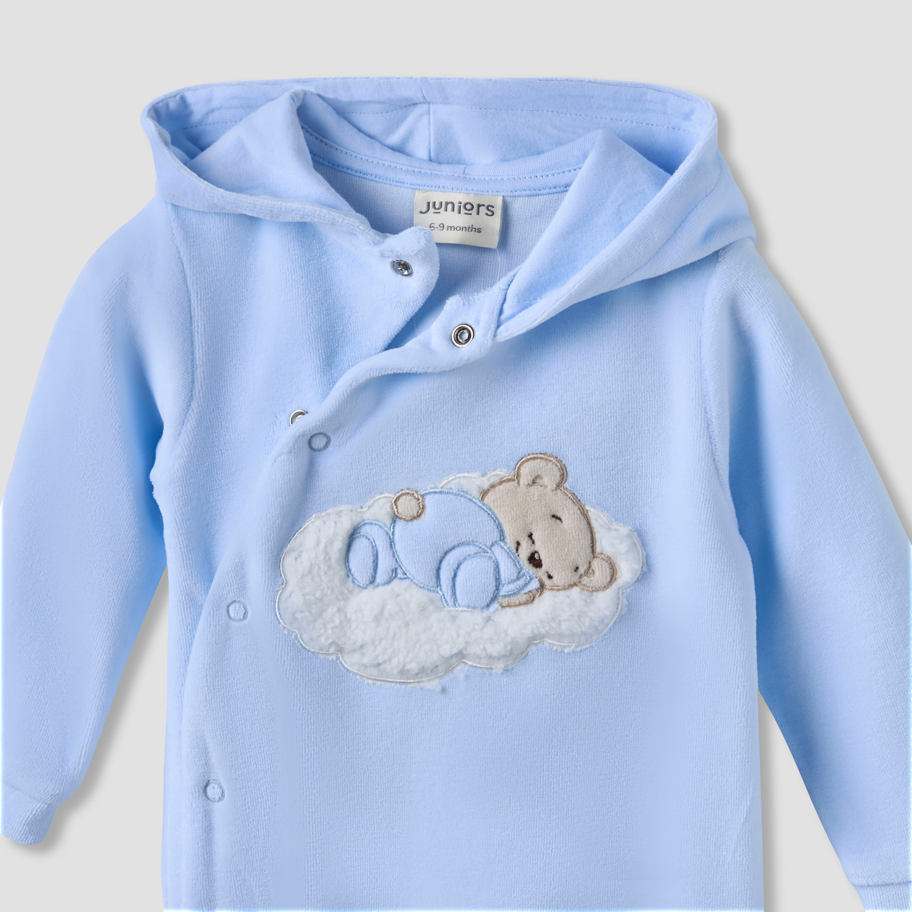 Juniors Hooded Closed Foot Sleepsuit with Bear Applique - Velour - Long Sleeves-baby-boys-clothing-nightwear-sleepsuits-image-3