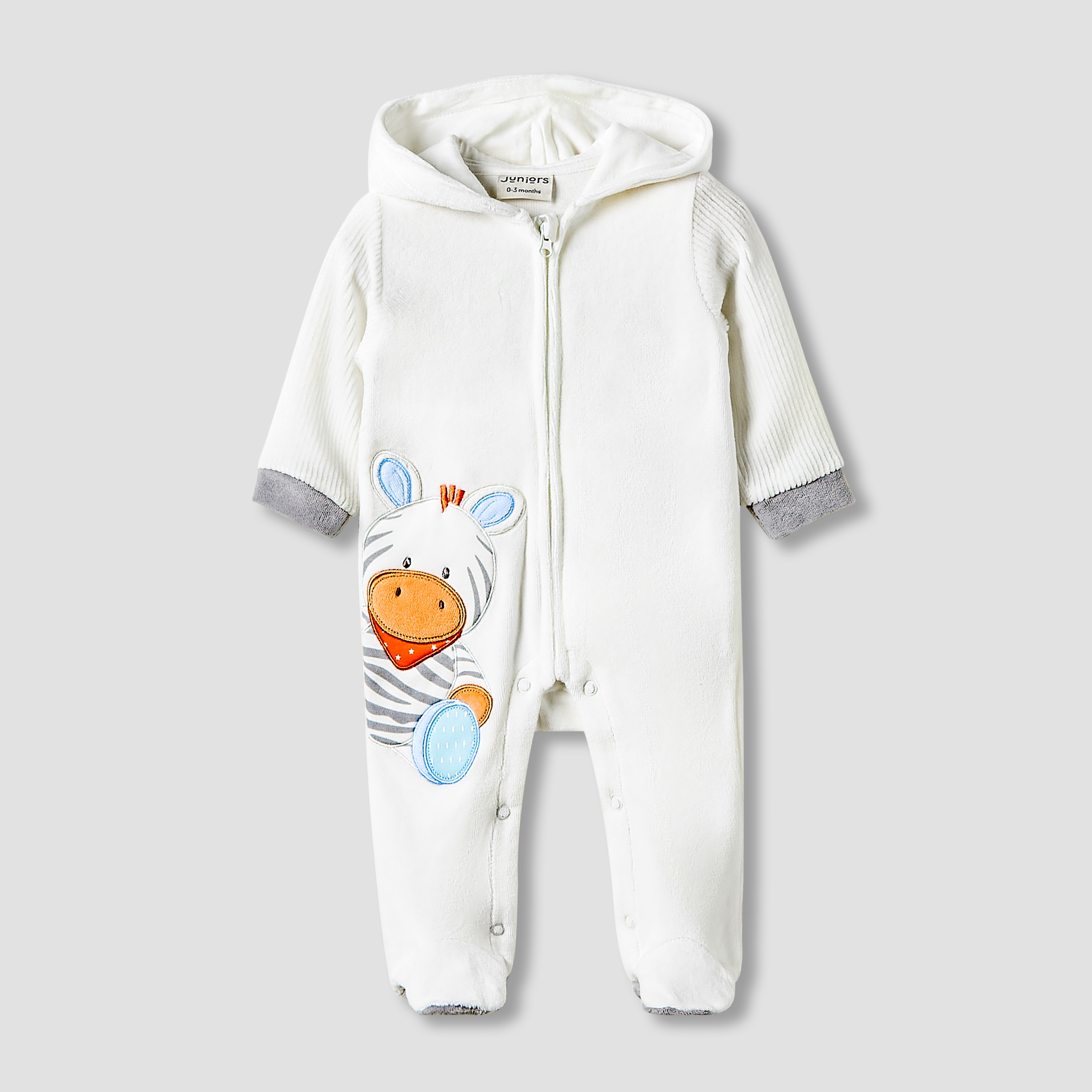 Juniors Hooded Sleepsuit with Zebra Applique - Long Sleeves-baby-boys-clothing-winterwear-sleepsuits-image-1