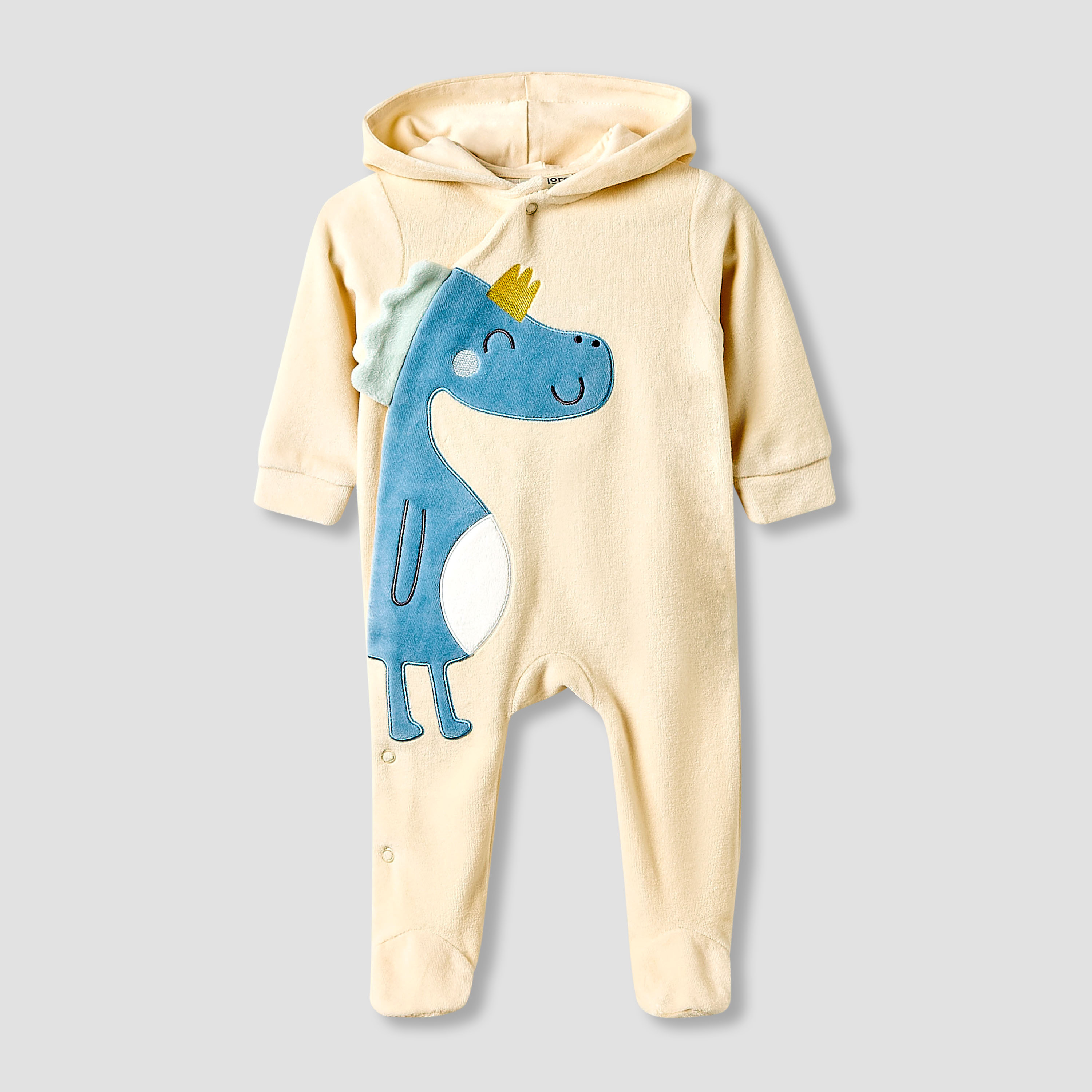 Juniors Hooded Sleepsuit with Dinosaur Applique - Long Sleeves-baby-boys-clothing-winterwear-sleepsuits-image-1