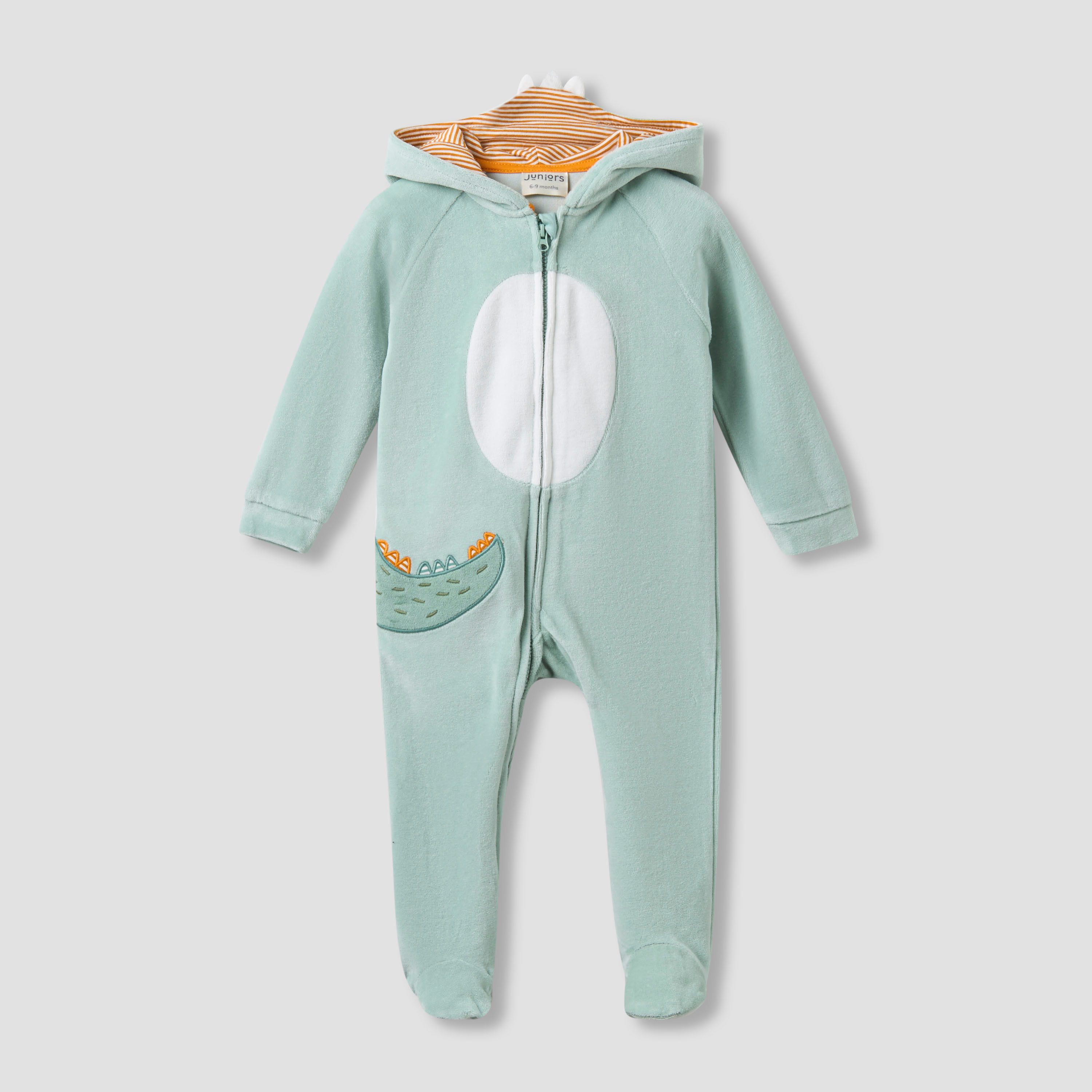 Juniors Hooded Closed Foot Sleepsuit with Alligator Applique - Velour - Long Sleeves-baby-boys-clothing-nightwear-sleepsuits-image-1