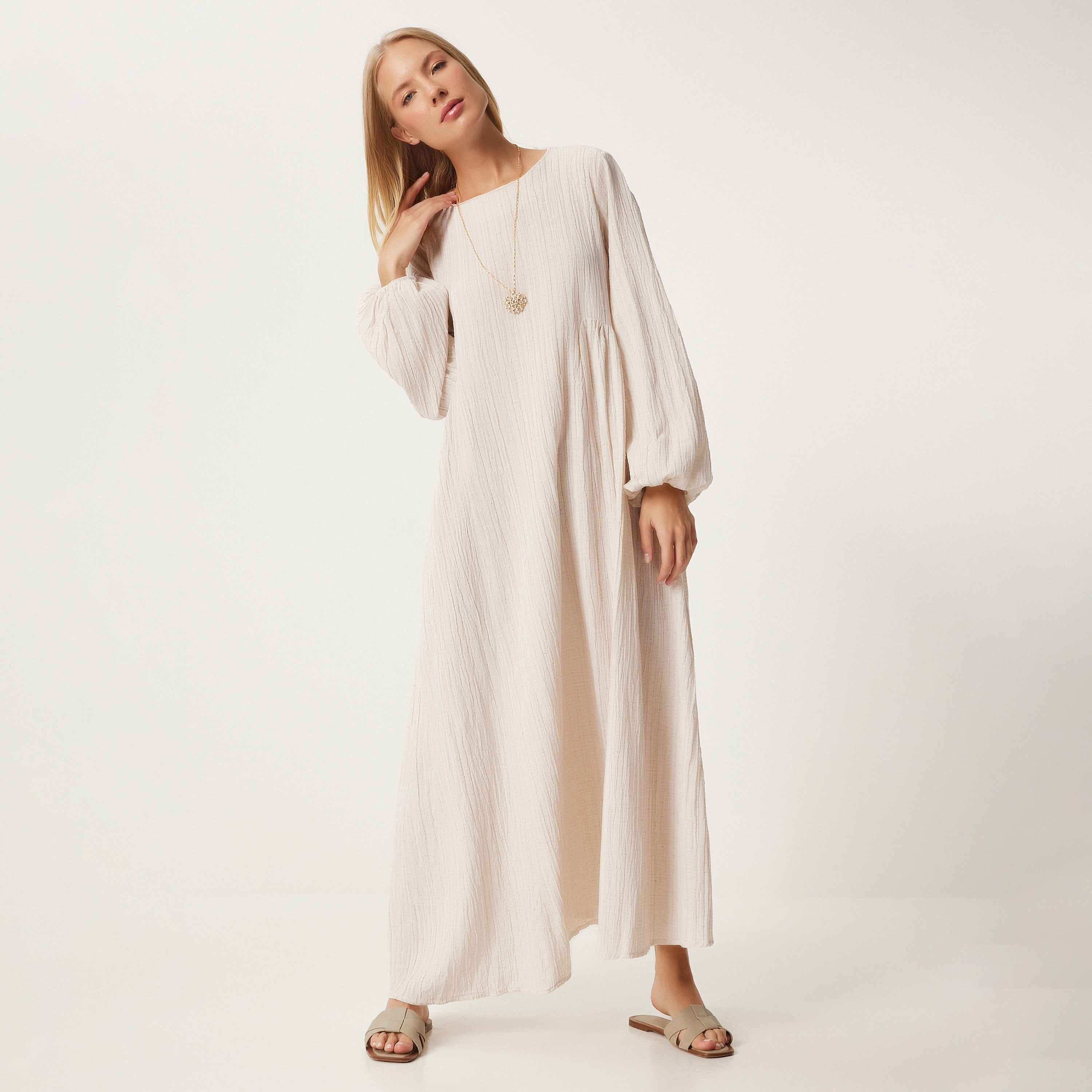 فستان ماكسي نسائي بيج بأكمام بالونية ذات ملمس من سعادة إسطنبول-women-clothing-dresses-image-2