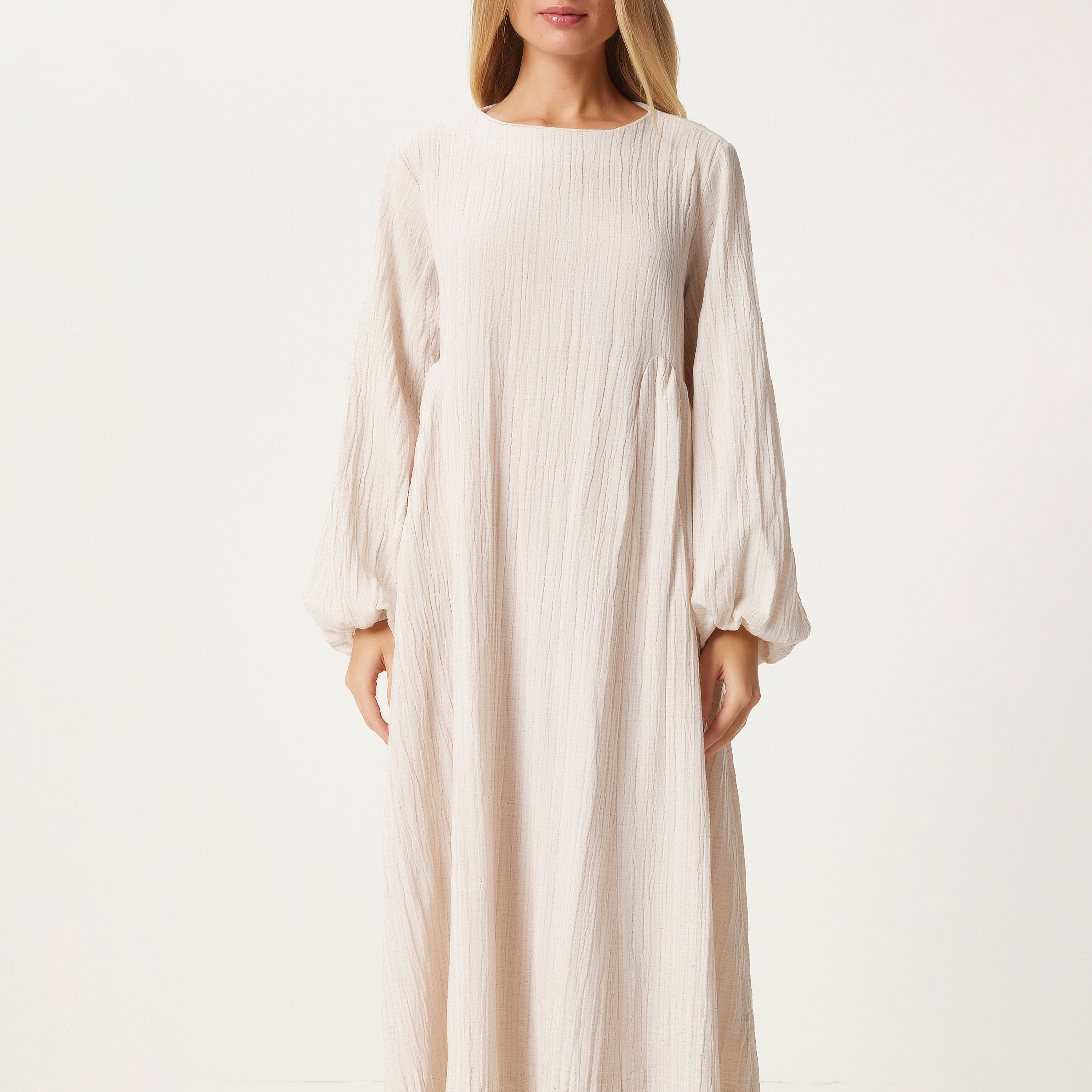 فستان ماكسي نسائي بيج بأكمام بالونية ذات ملمس من سعادة إسطنبول-women-clothing-dresses-image-5