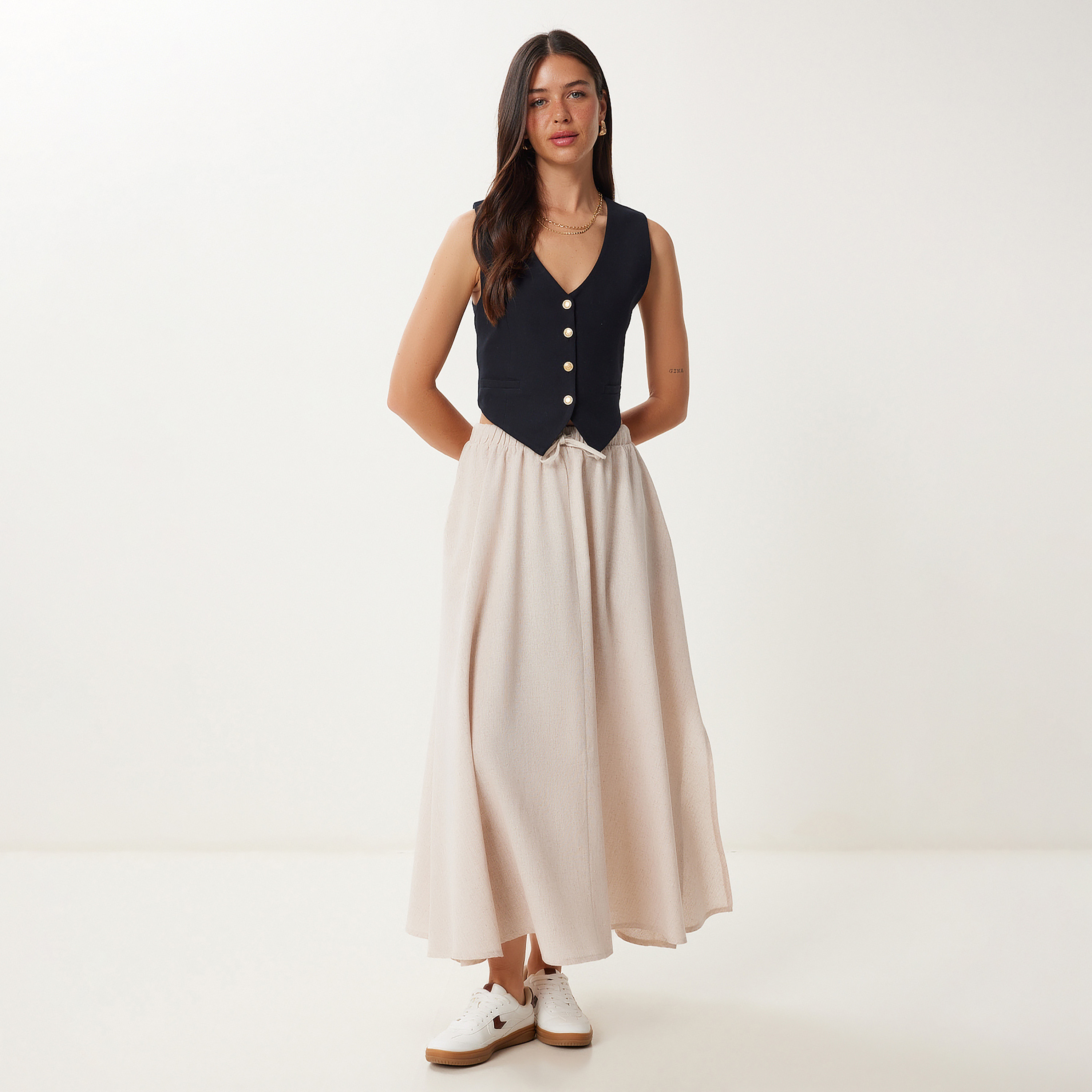Happiness Istanbul Beige Flared Women's Maxi Skirt-women-clothing-bottoms-skirts-image-2