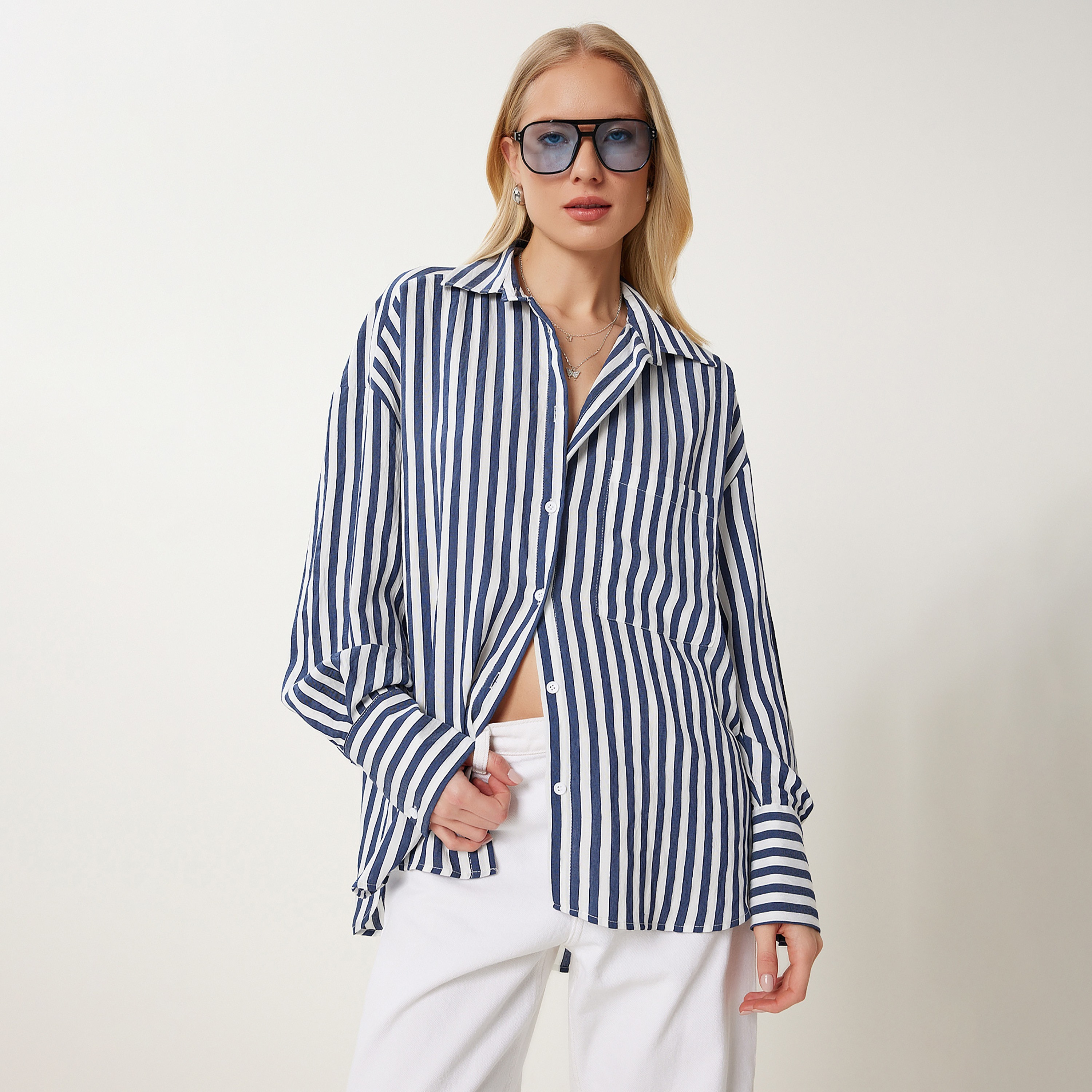 سعادة إسطنبول قميص نسائي مخطط أزرق بياقة بأكمام منسدلة-women-clothing-shirtsandblouses-shirts-image-1