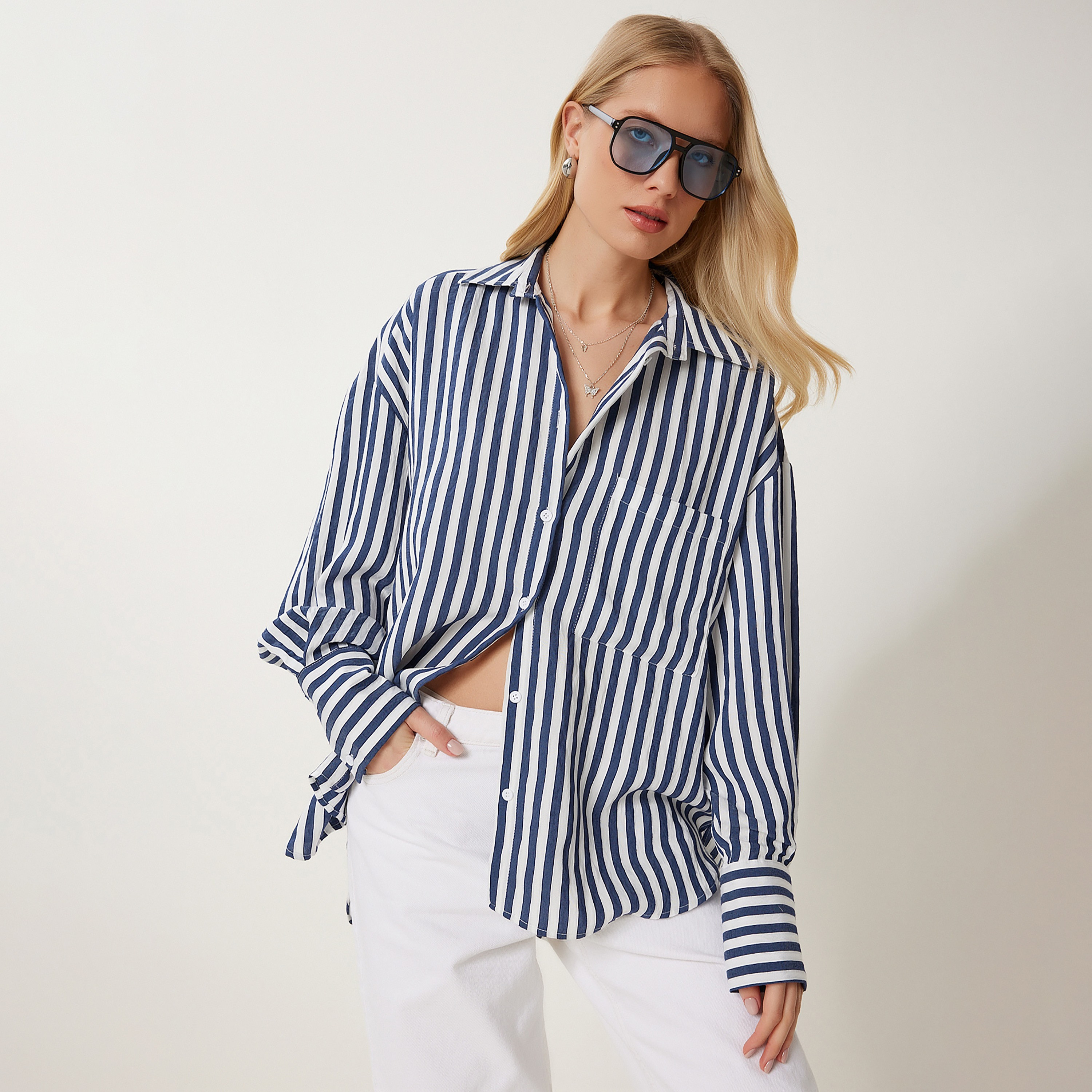 سعادة إسطنبول قميص نسائي مخطط أزرق بياقة بأكمام منسدلة-women-clothing-shirtsandblouses-shirts-image-2