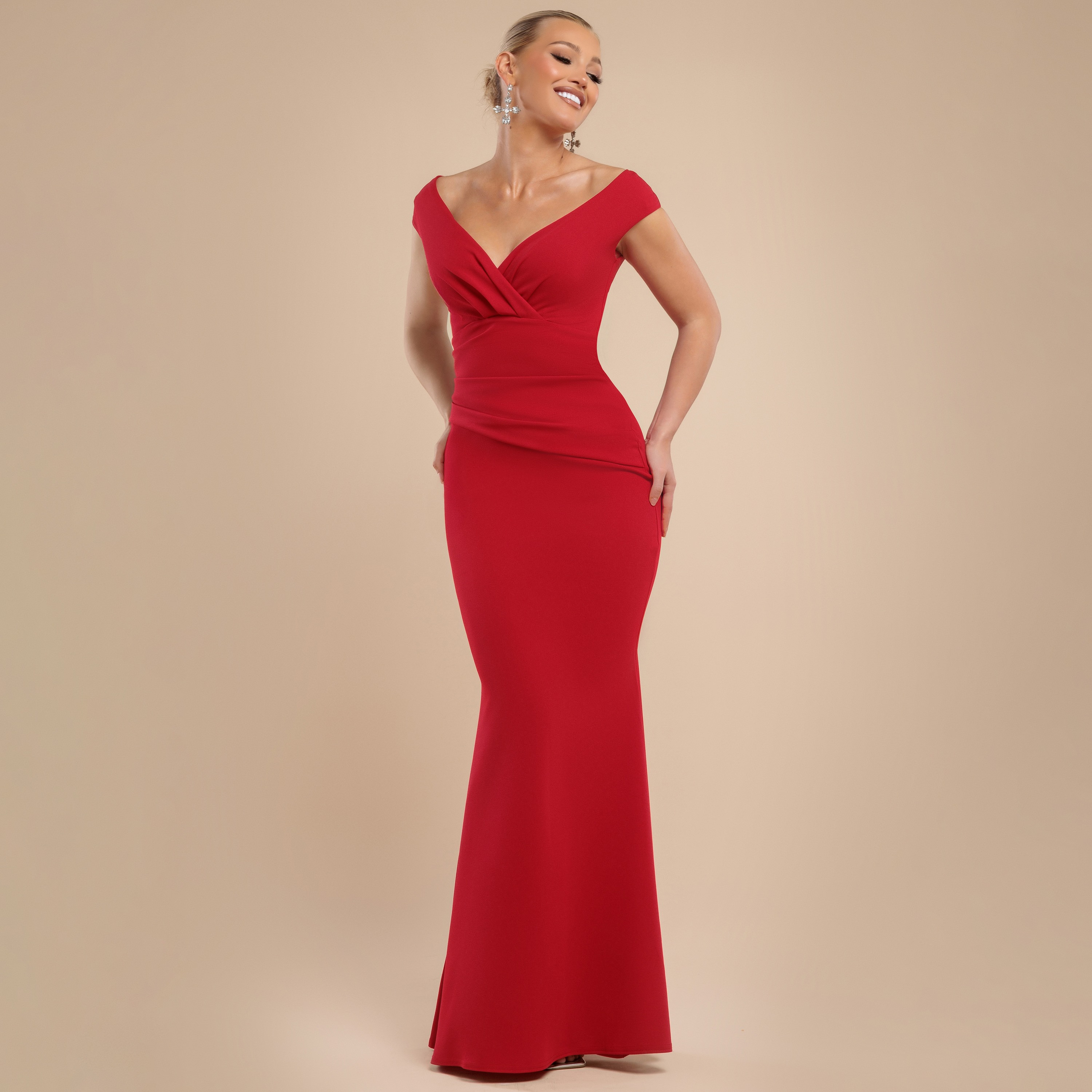 Goddiva Draped Style Bardot Neck Mermaid Women's Evening Maxi Dress-women-clothing-dresses-image-4