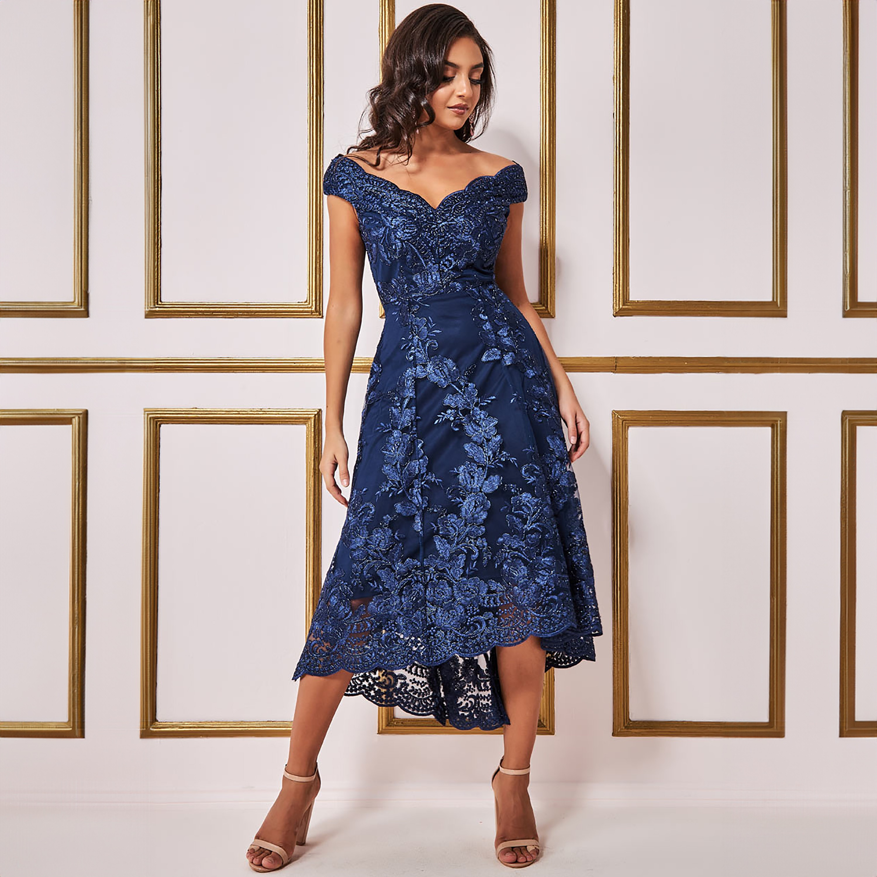 Goddiva Embroidered High-Low Hem Off Shoulder Midi Dress-women-clothing-dresses-image-1