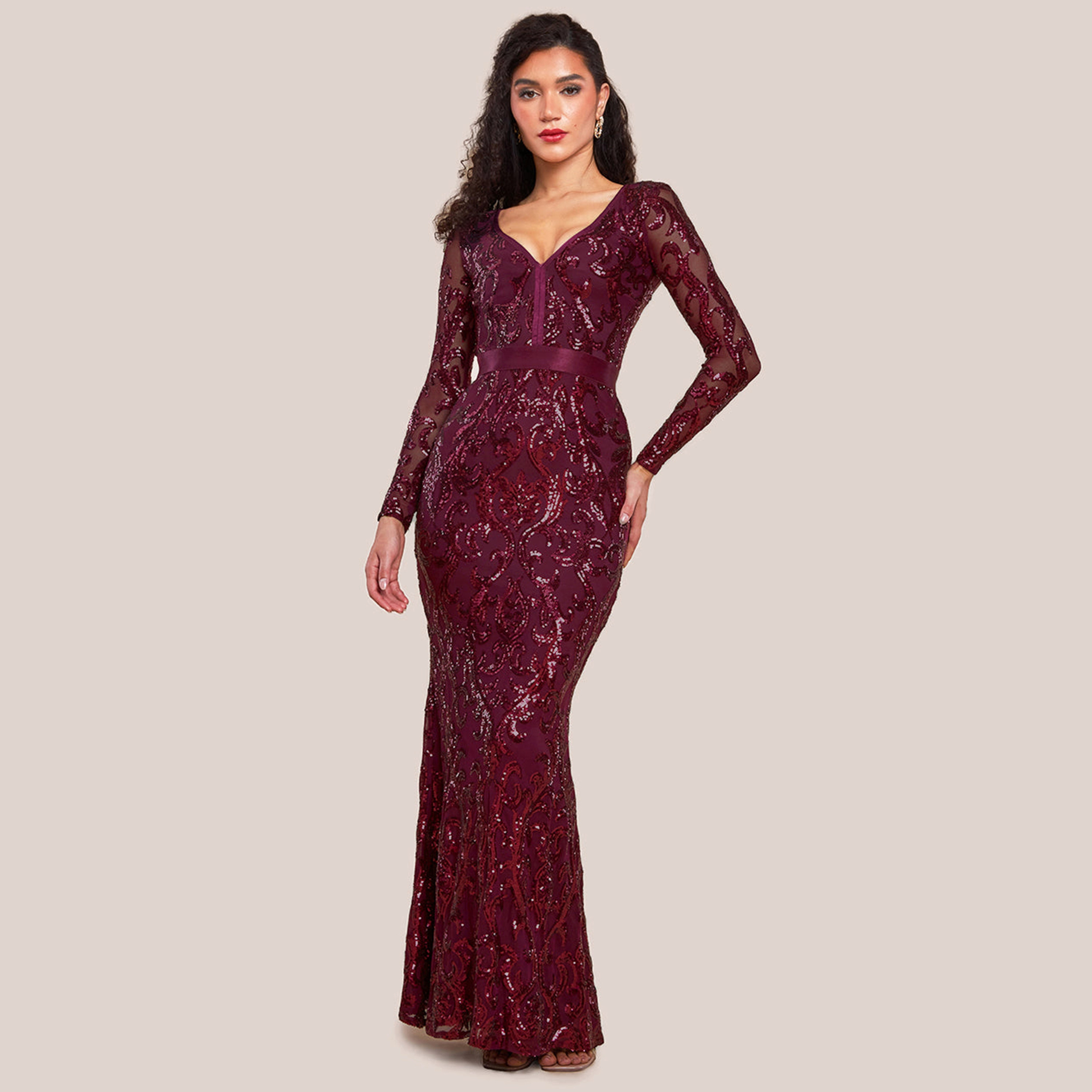 Goddiva Burgundy Sequin Deep V-Neck Sheer Sleeves Evening Women's Mermaid Gown-women-clothing-dresses-image-1