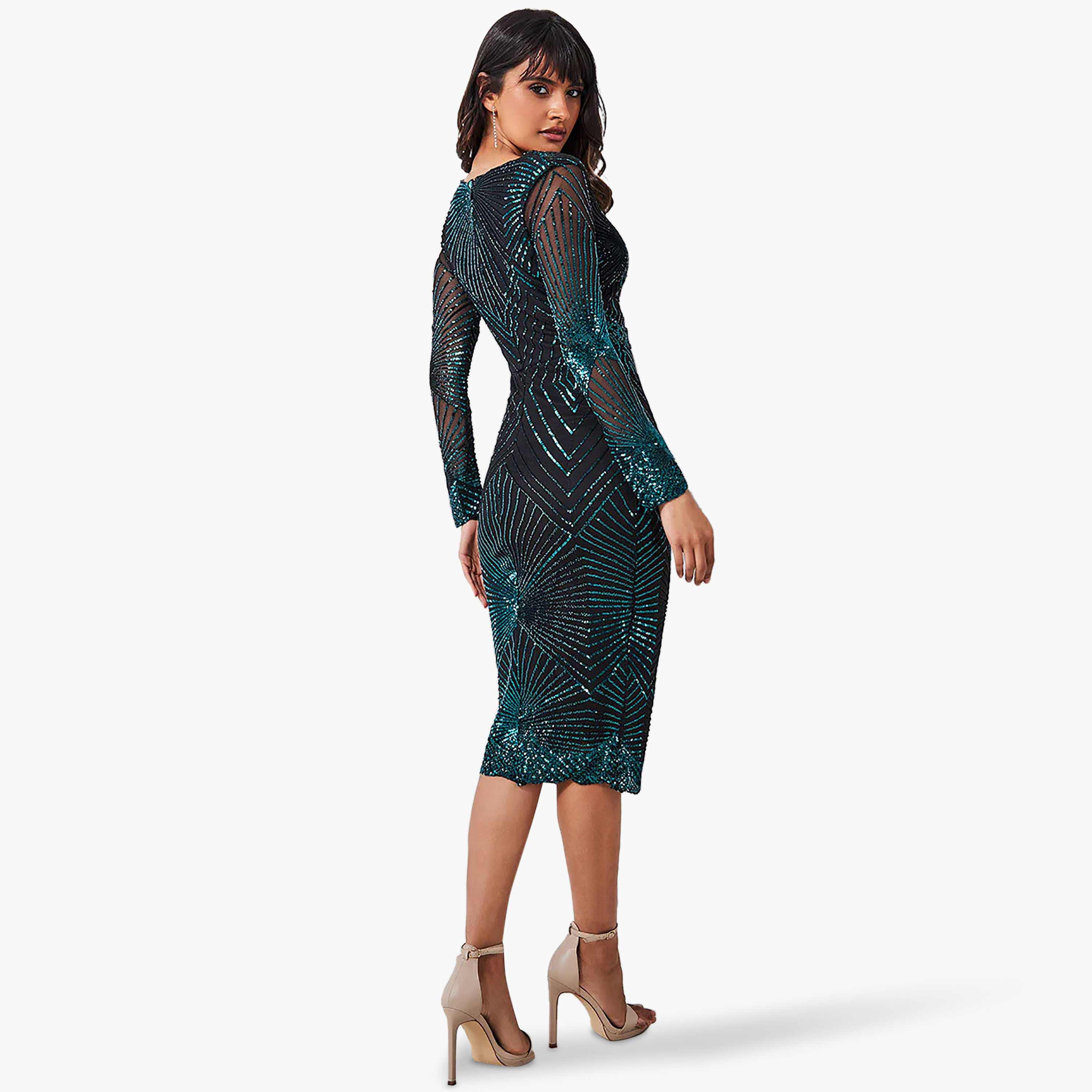 فستان ميدي بوديكون بياقة على شكل وى مع سيكونس من جوديفا-women-clothing-dresses-image-5