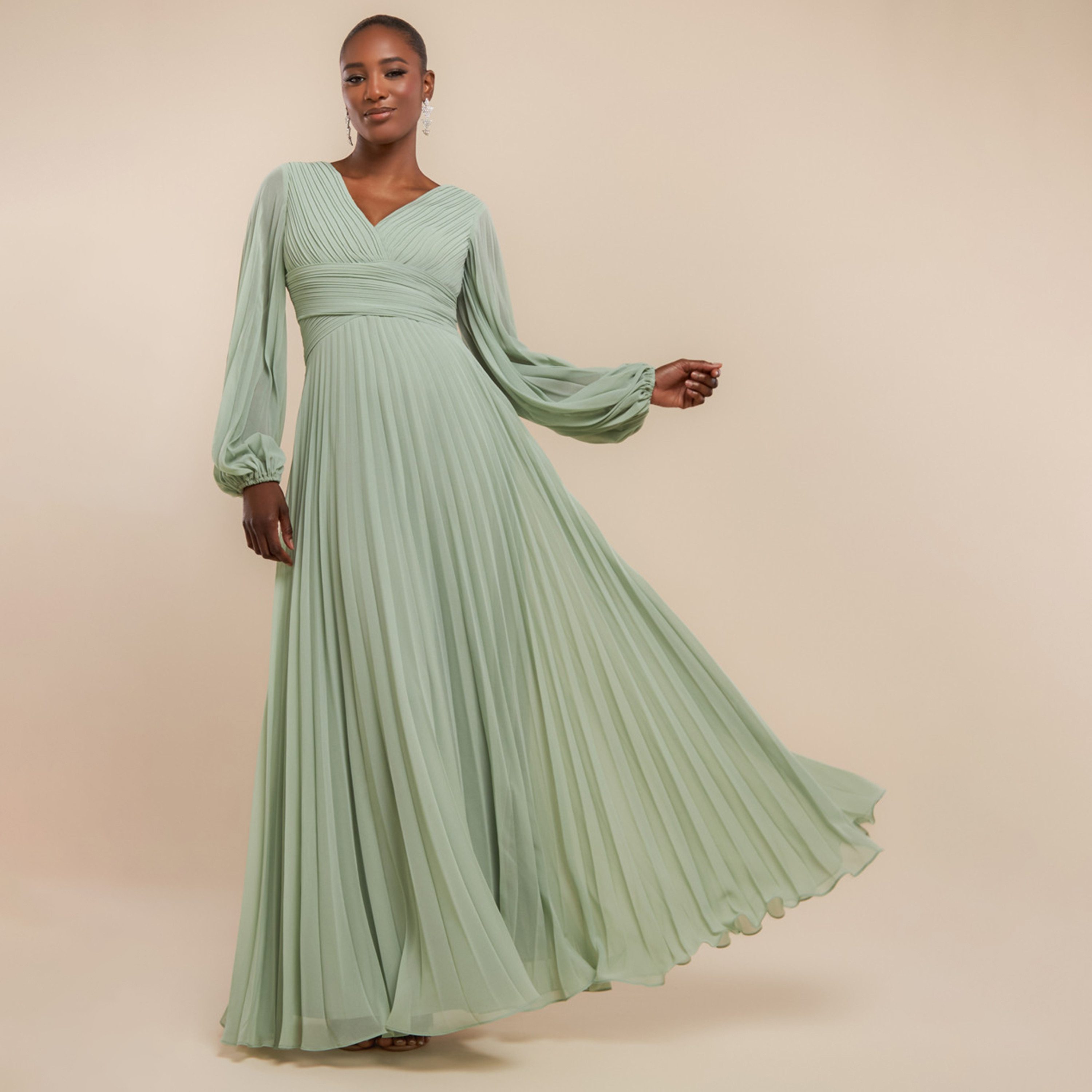 Goddiva Pleated Balloon Sleeves Flared Women's Evening Maxi Dress-women-clothing-dresses-image-1