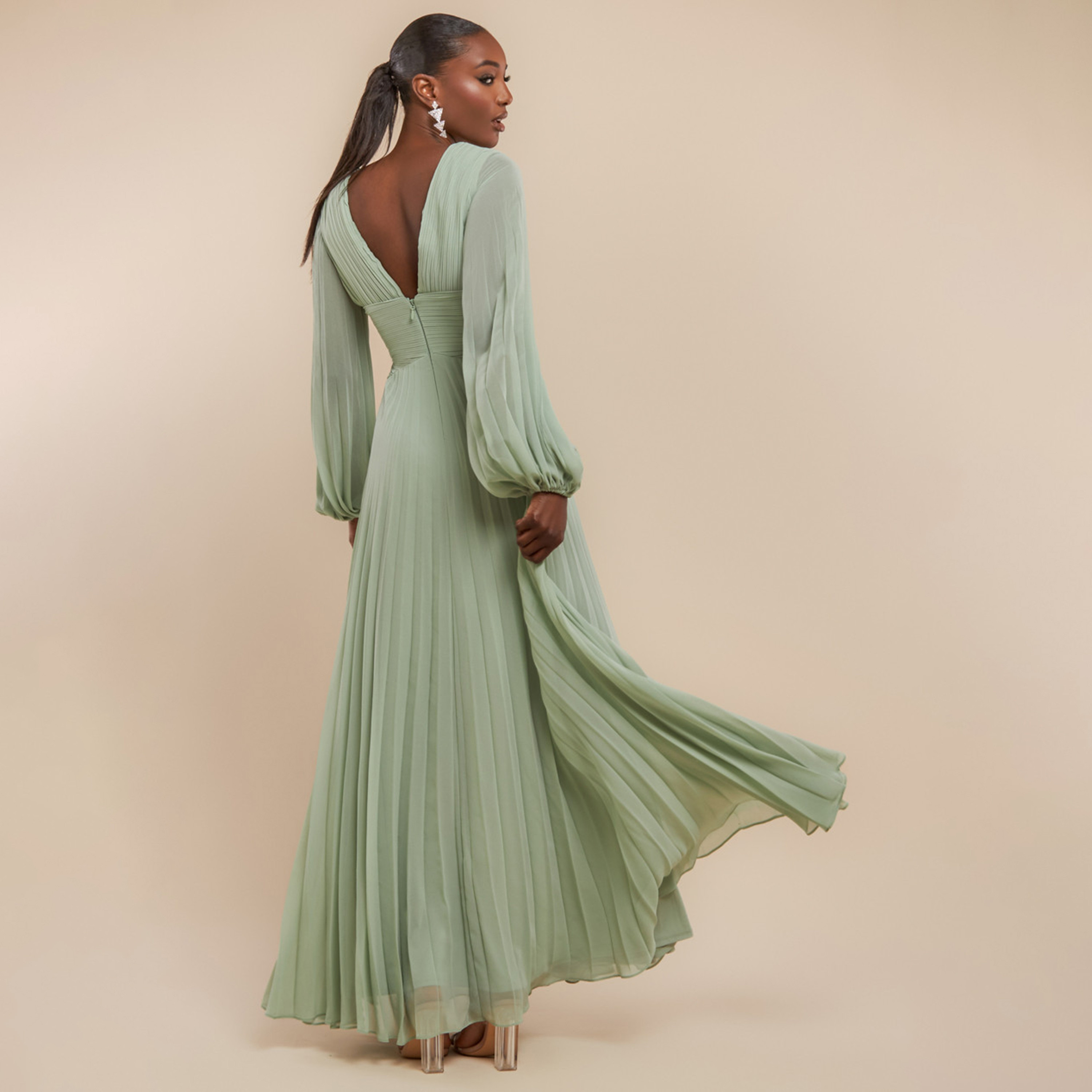 Goddiva Pleated Balloon Sleeves Flared Women's Evening Maxi Dress-women-clothing-dresses-image-3