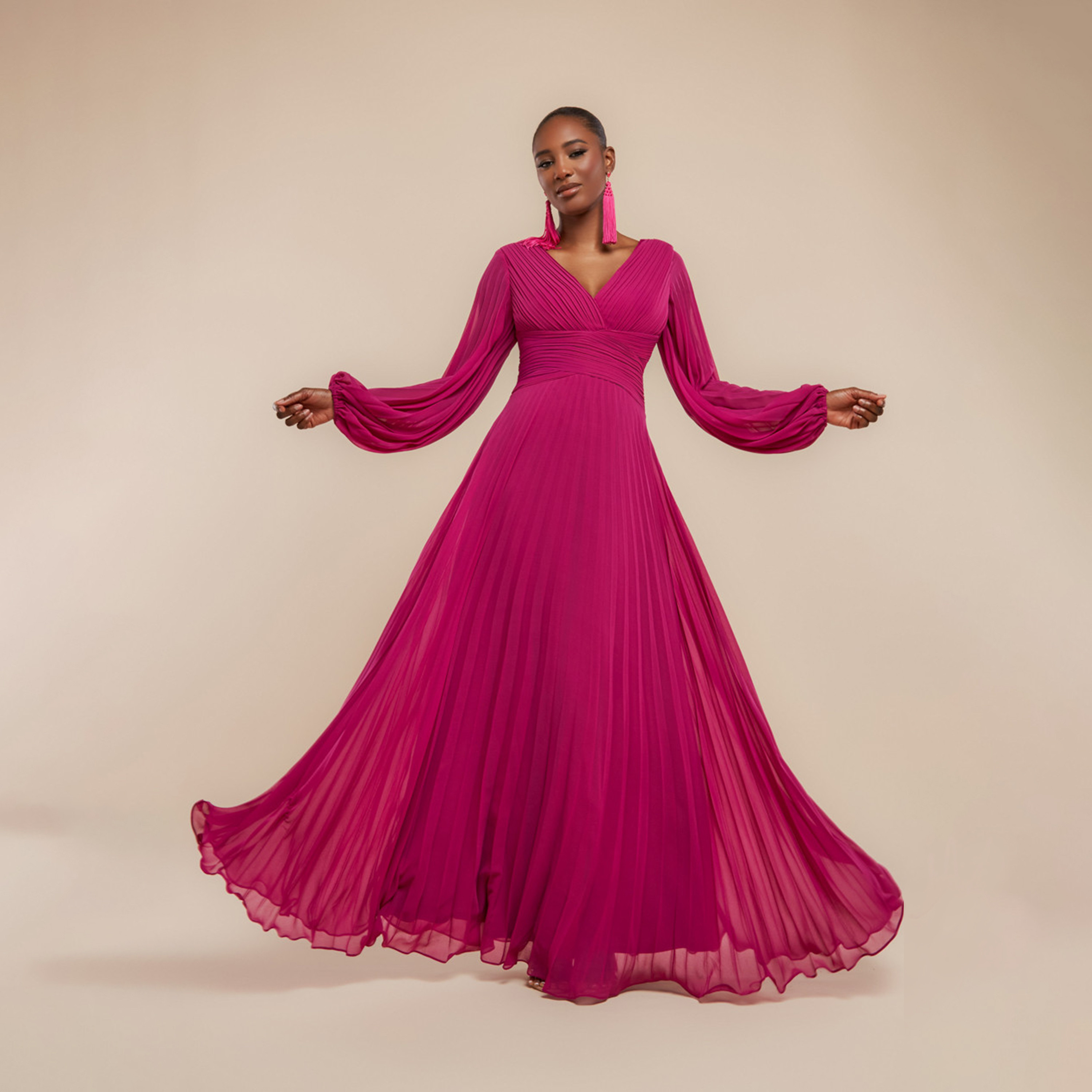فستان سهرة نسائي ماكسي واسع بياقة مطوية وأكمام بالون من جوديفا-women-clothing-dresses-image-1
