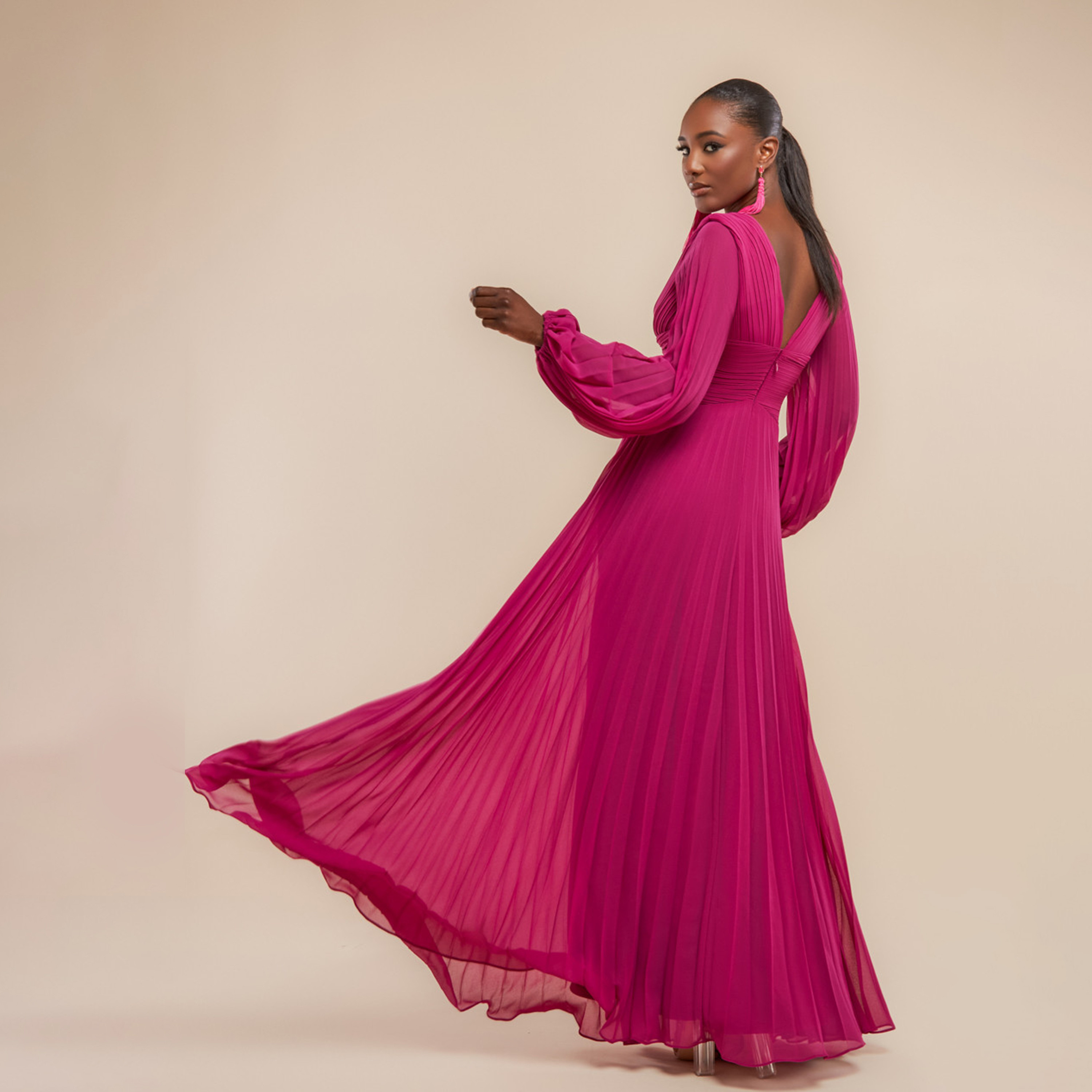 فستان سهرة نسائي ماكسي واسع بياقة مطوية وأكمام بالون من جوديفا-women-clothing-dresses-image-3
