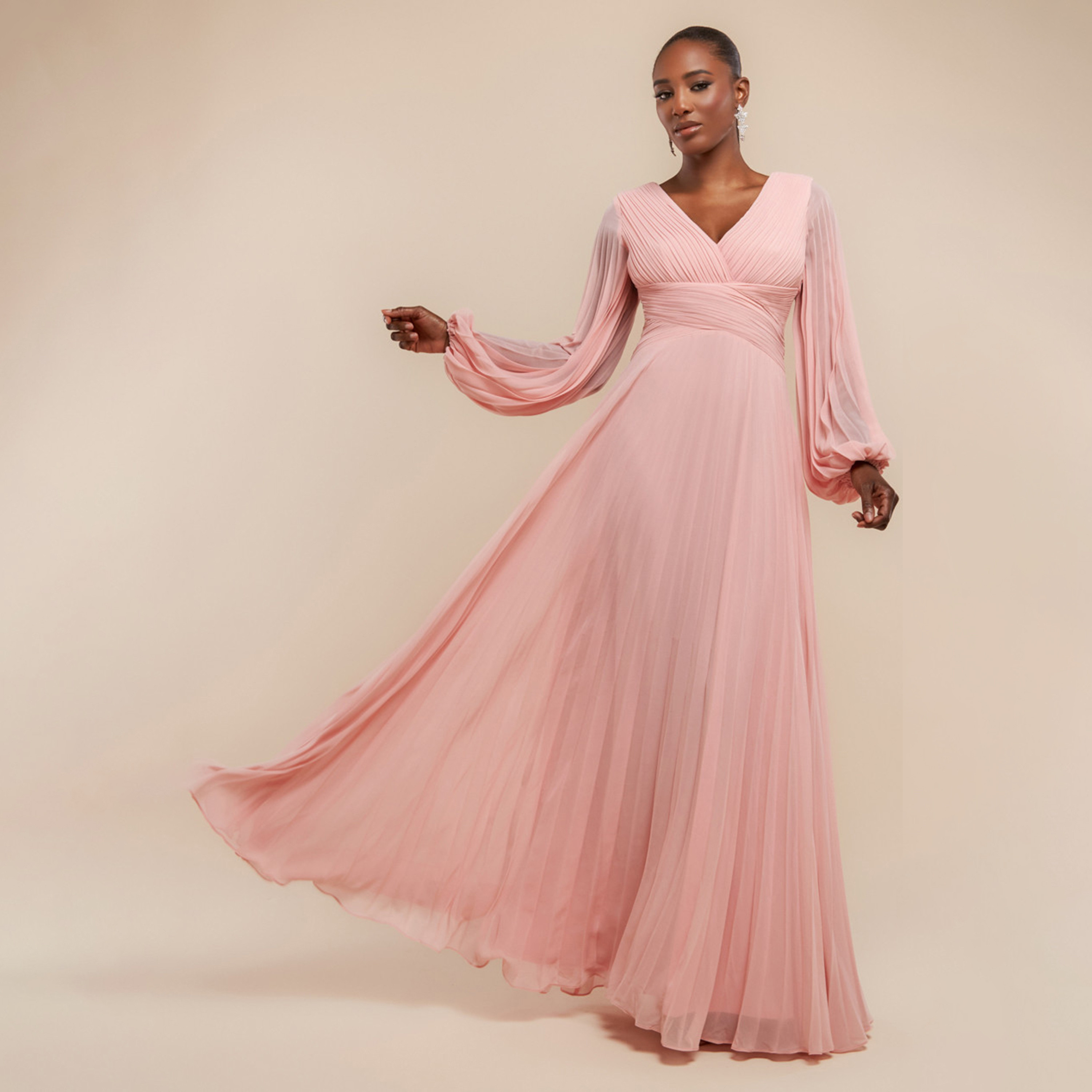 فستان سهرة نسائي ماكسي واسع بياقة مطوية وأكمام بالون من جوديفا-women-clothing-dresses-image-7