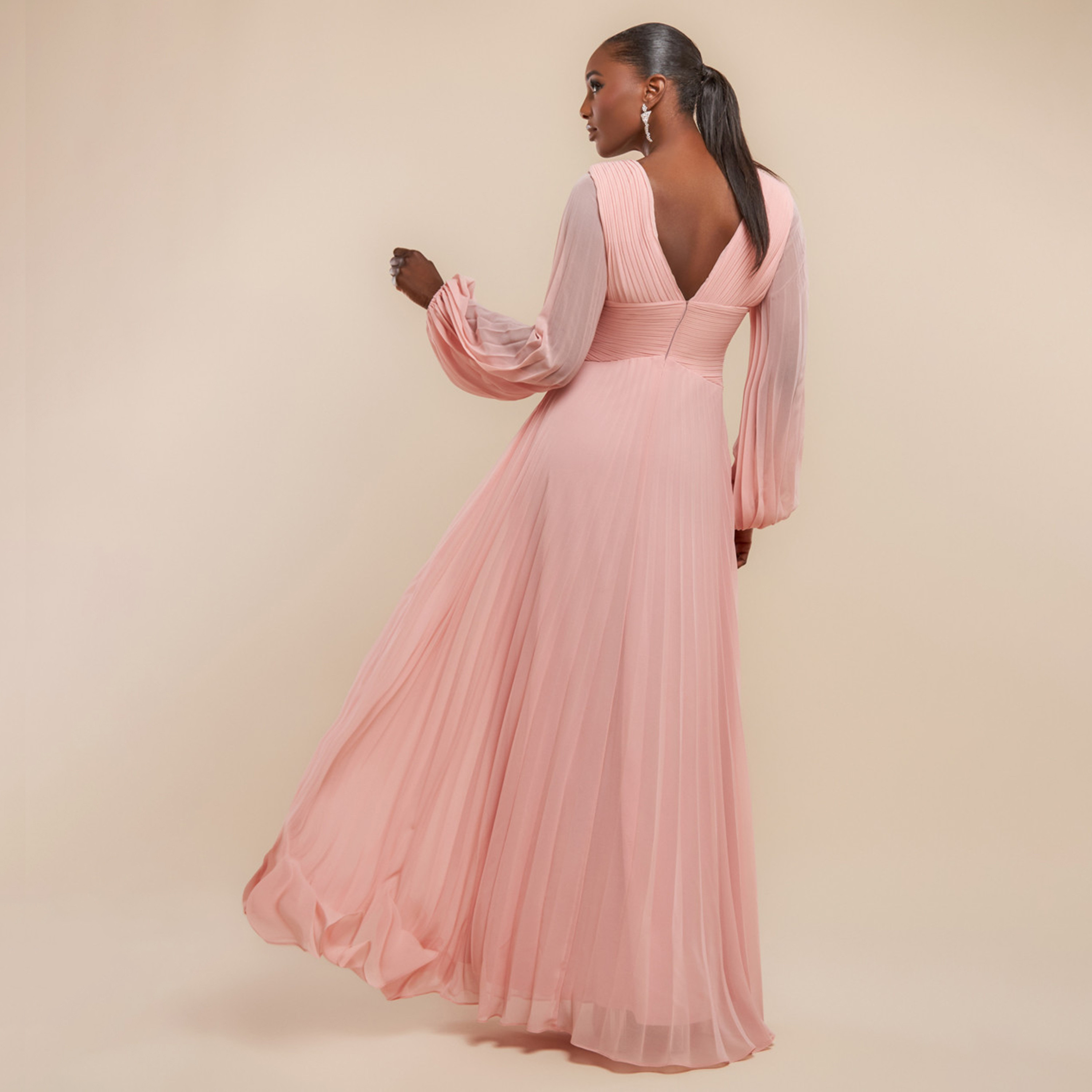 فستان سهرة نسائي ماكسي واسع بياقة مطوية وأكمام بالون من جوديفا-women-clothing-dresses-image-9
