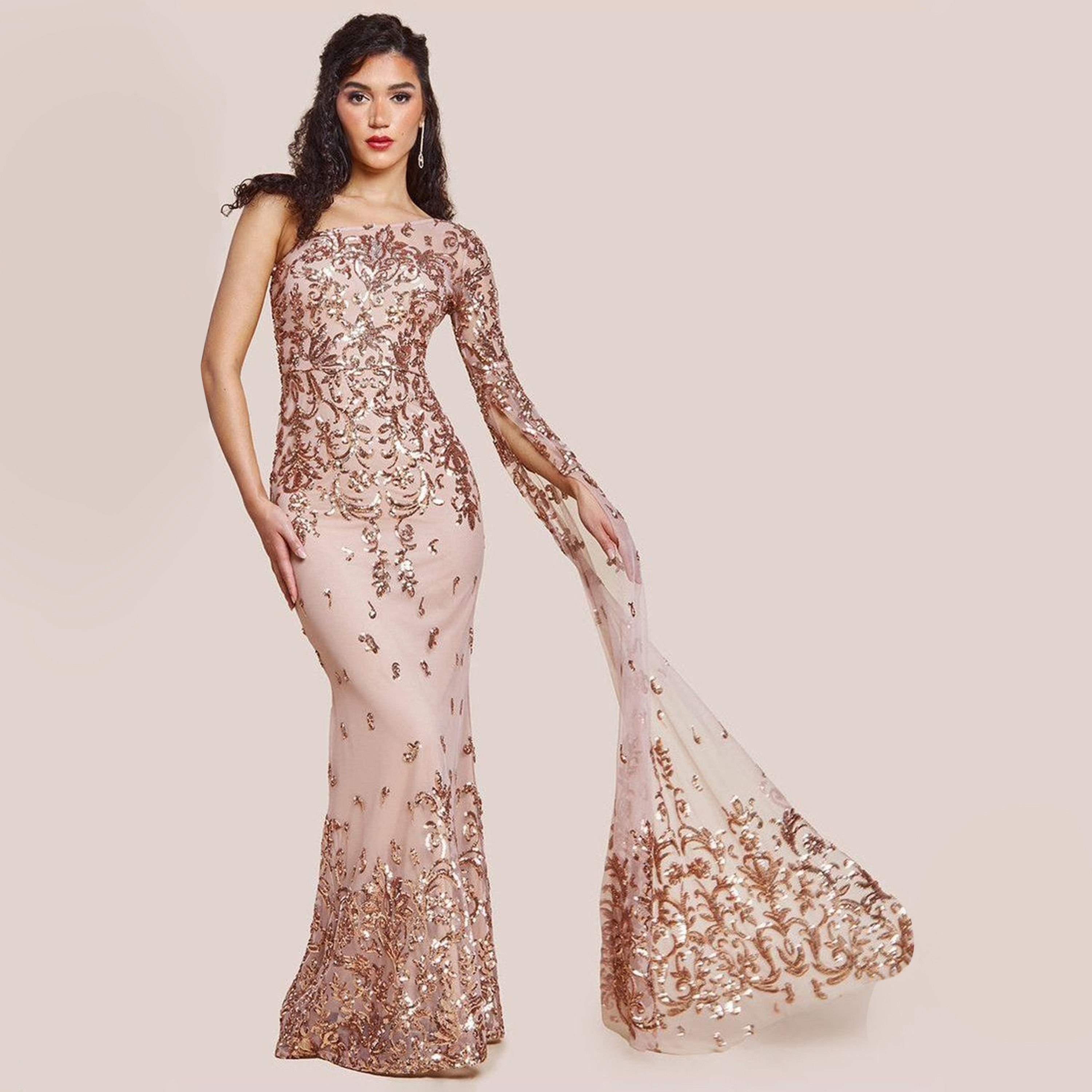 فستان النسائي الشفاف ذو الكتف الواحد والأكمام الواسعة والمزين بالترتر من جوديفا-women-clothing-dresses-image-9