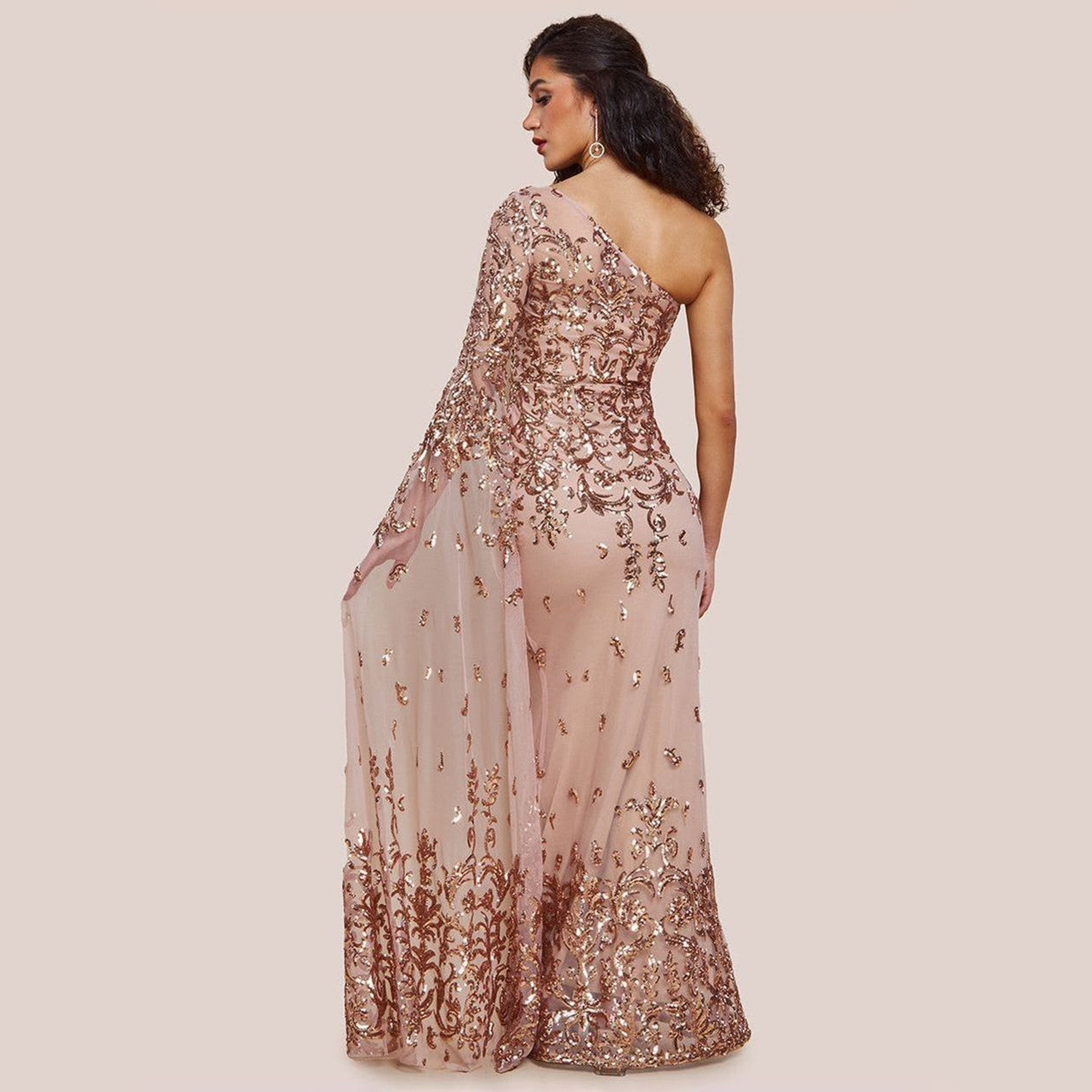 Goddiva Sequins One Shoulder Neck Sheer Flared Sleeve Evening Women's Mermaid Gown-women-clothing-dresses-image-4