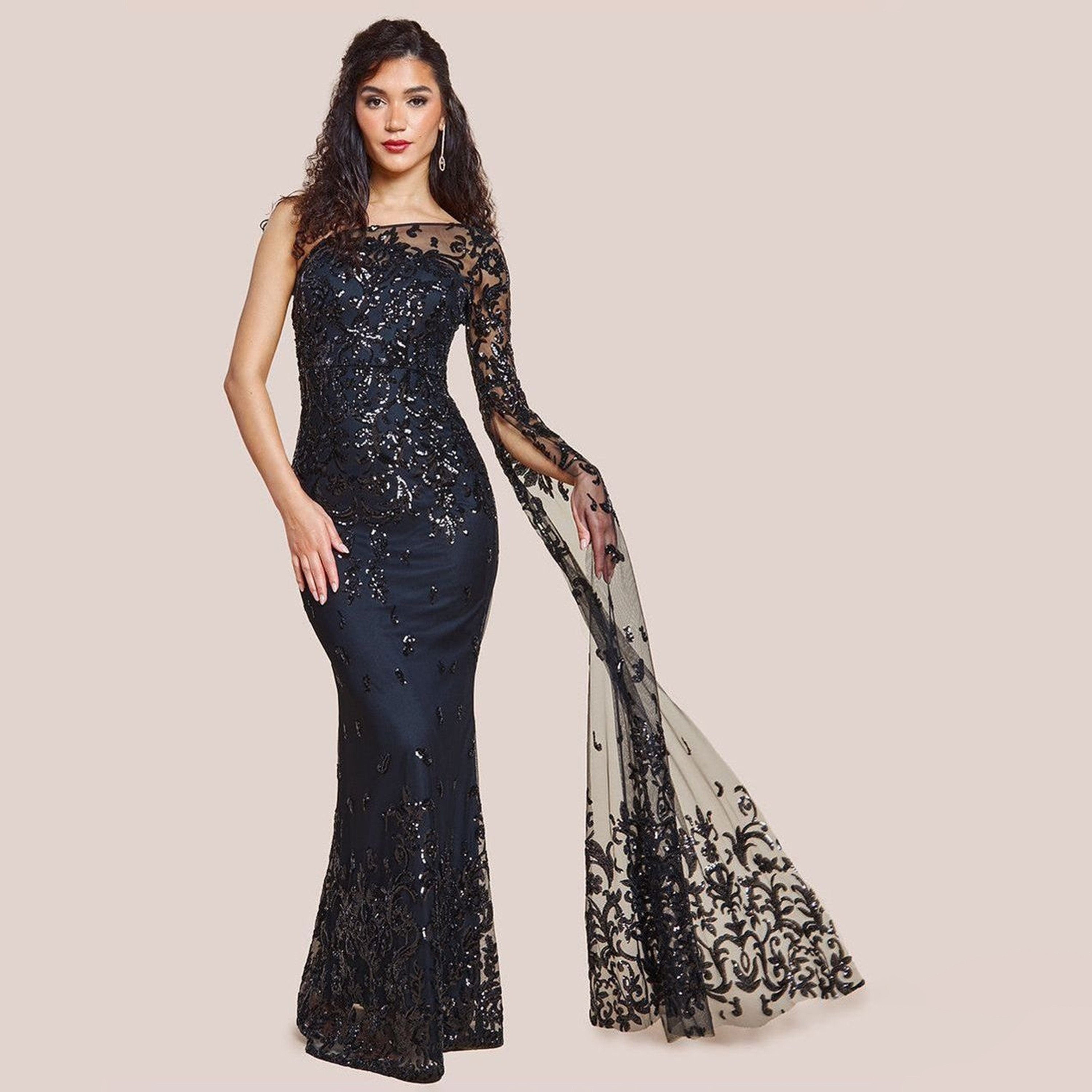 فستان النسائي الشفاف ذو الكتف الواحد والأكمام الواسعة والمزين بالترتر من جوديفا-women-clothing-dresses-image-1