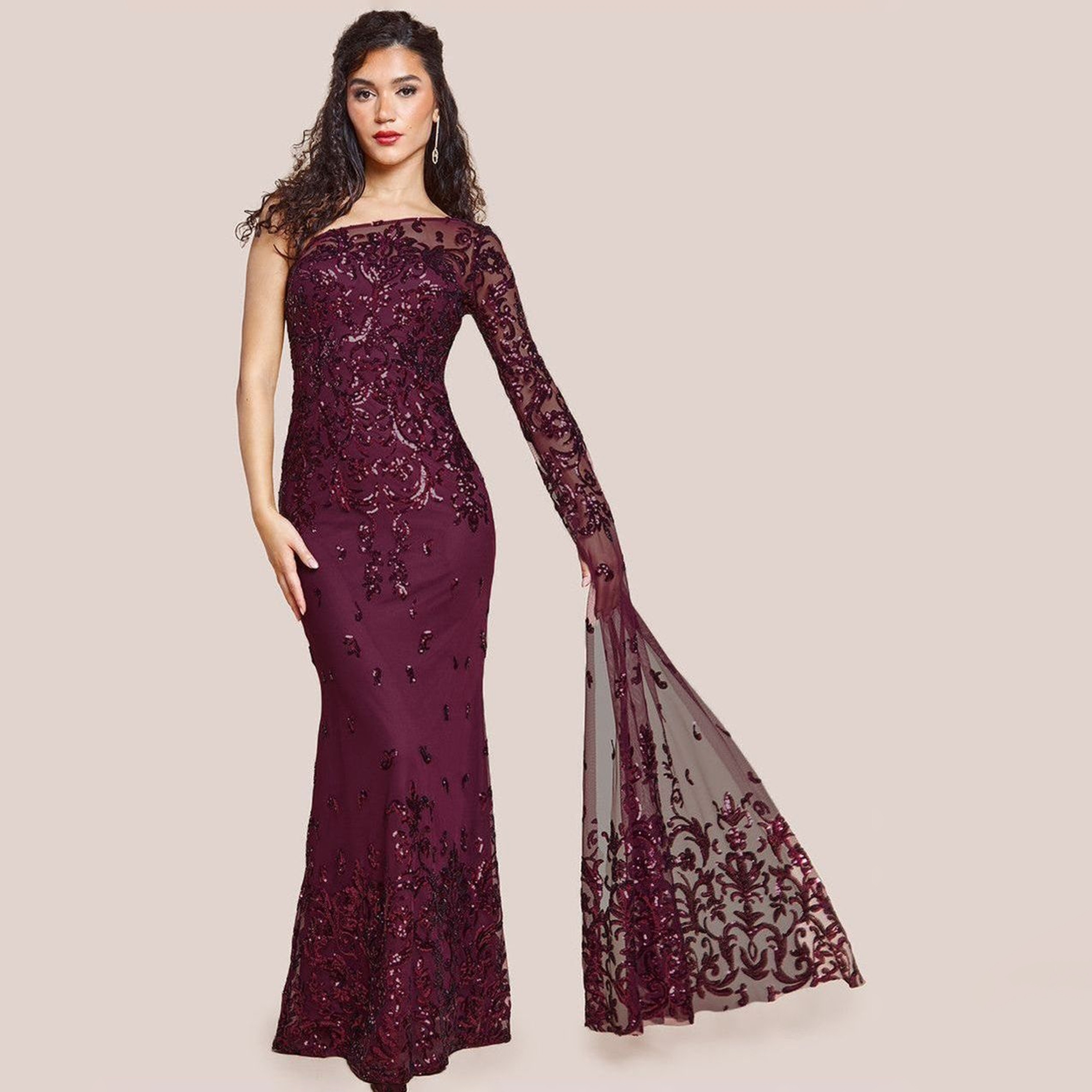 فستان النسائي الشفاف ذو الكتف الواحد والأكمام الواسعة والمزين بالترتر من جوديفا-women-clothing-dresses-image-5