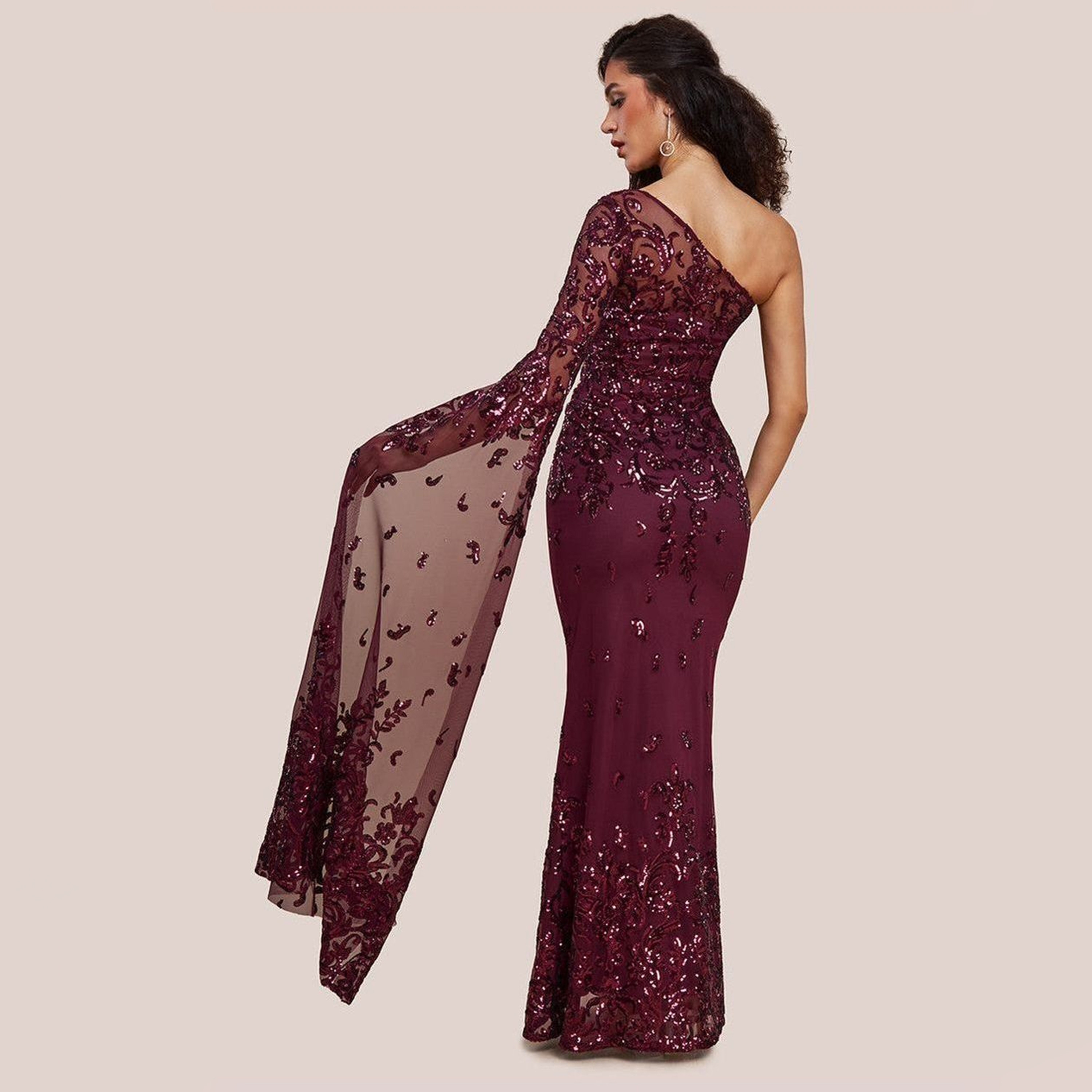 فستان النسائي الشفاف ذو الكتف الواحد والأكمام الواسعة والمزين بالترتر من جوديفا-women-clothing-dresses-image-8