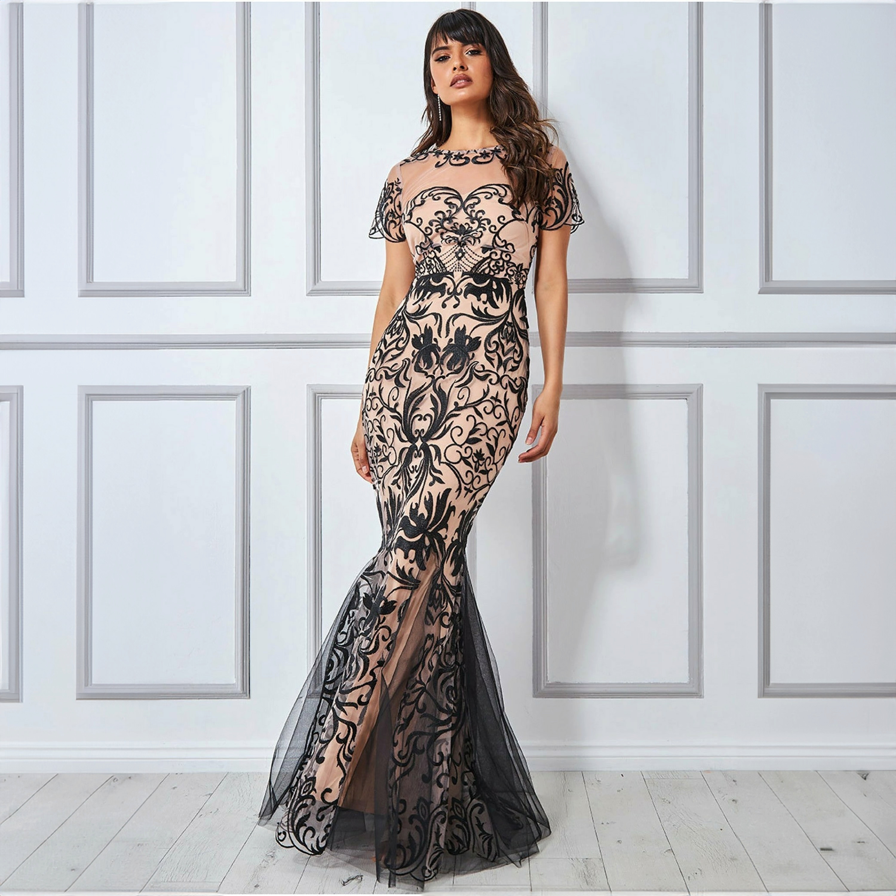 Goddiva Mesh and Lace Round Neck Bodycon Maxi Dress-women-clothing-dresses-image-1