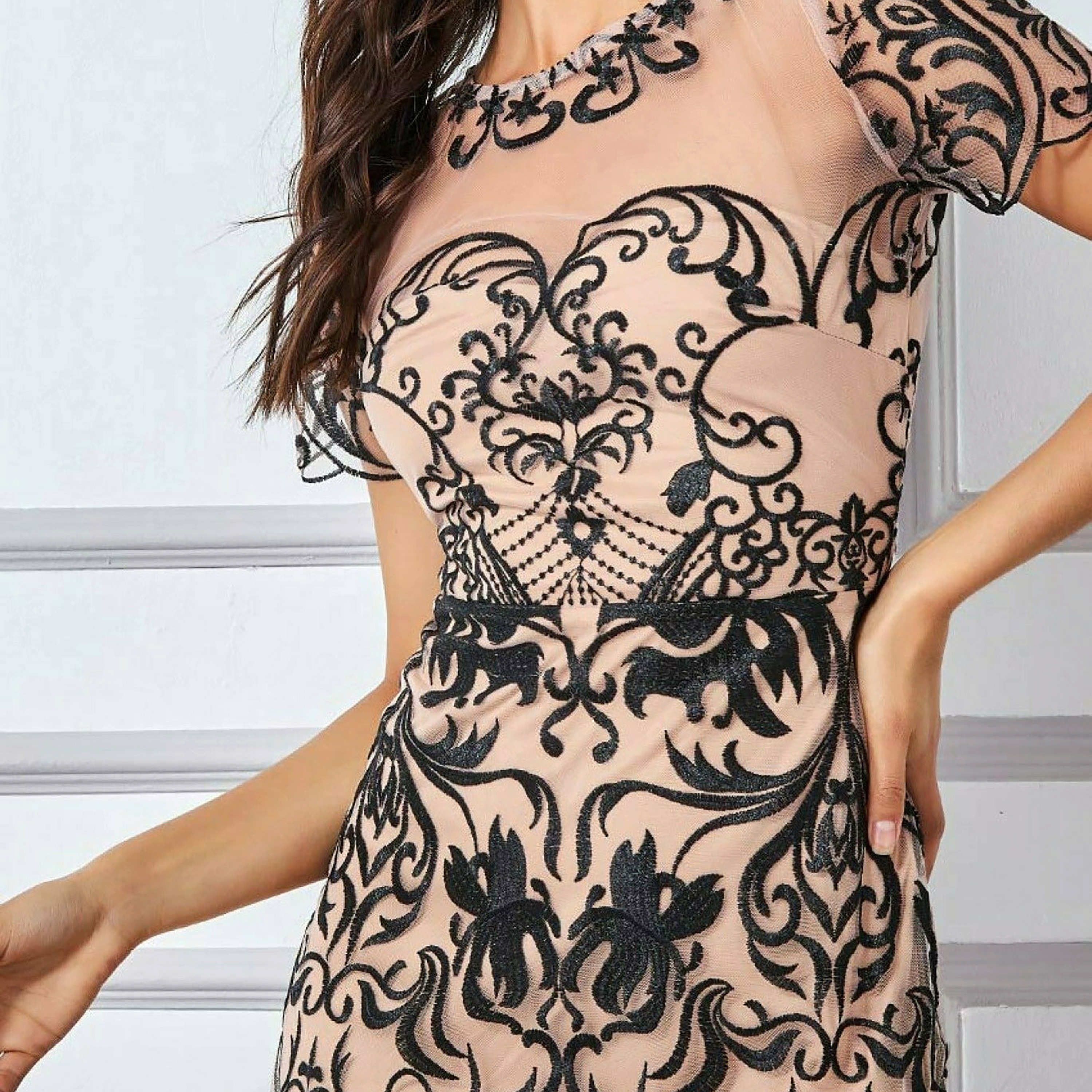 Goddiva Mesh and Lace Round Neck Bodycon Maxi Dress-women-clothing-dresses-image-2
