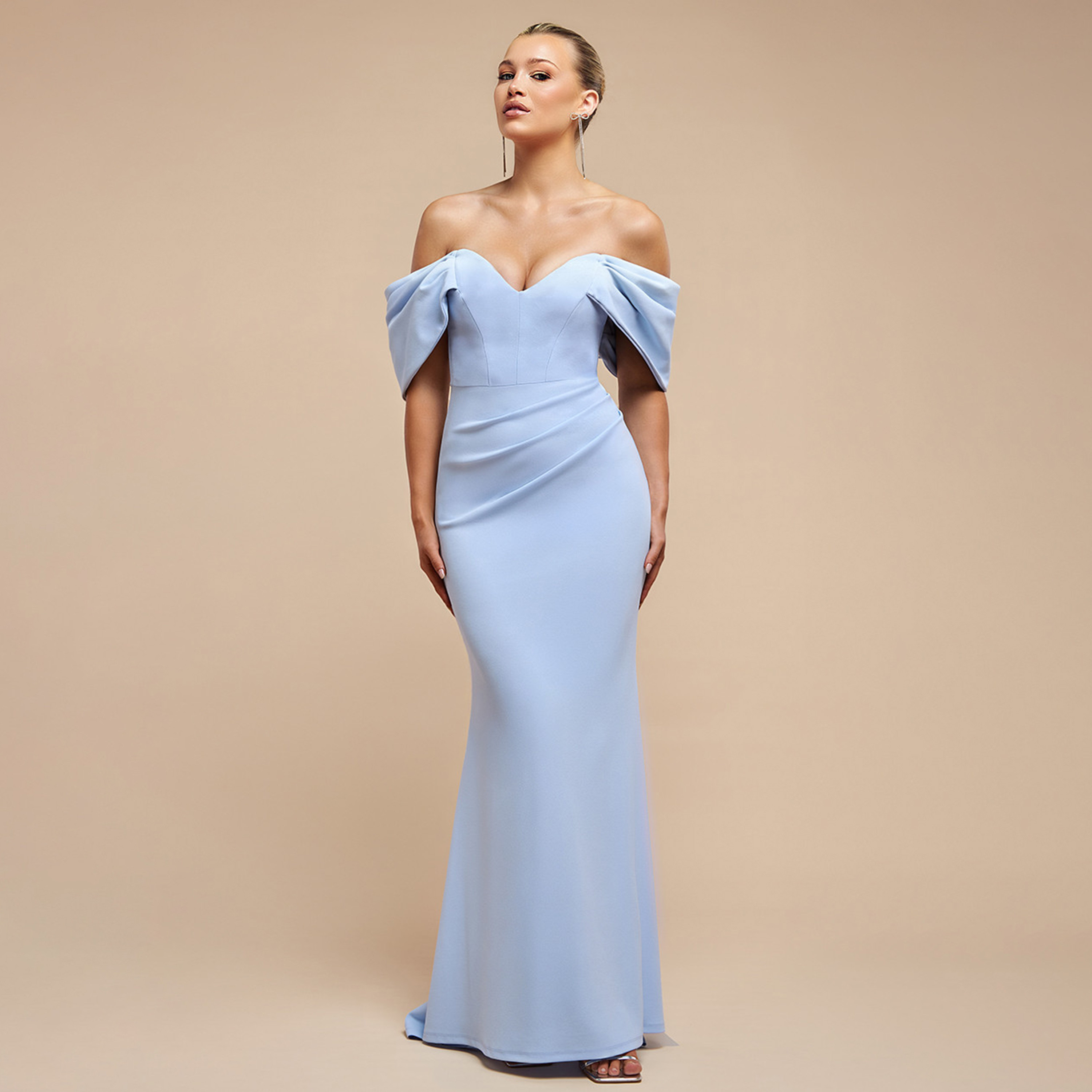 Goddiva Scuba Crepe Off-Shoulder Pleated Sleeves Mermaid Women's Evening Maxi Dress-women-clothing-dresses-image-1