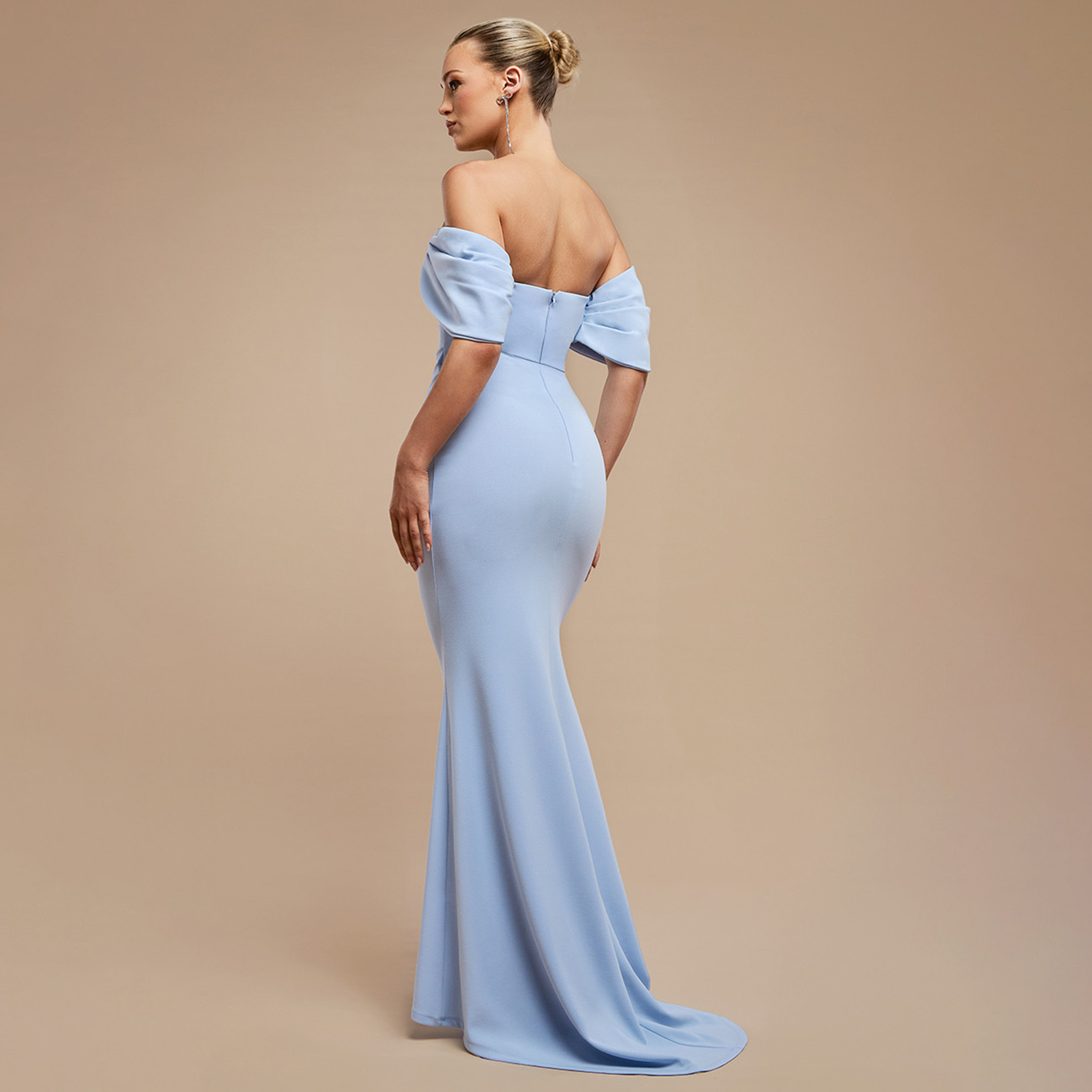 Goddiva Scuba Crepe Off-Shoulder Pleated Sleeves Mermaid Women's Evening Maxi Dress-women-clothing-dresses-image-3