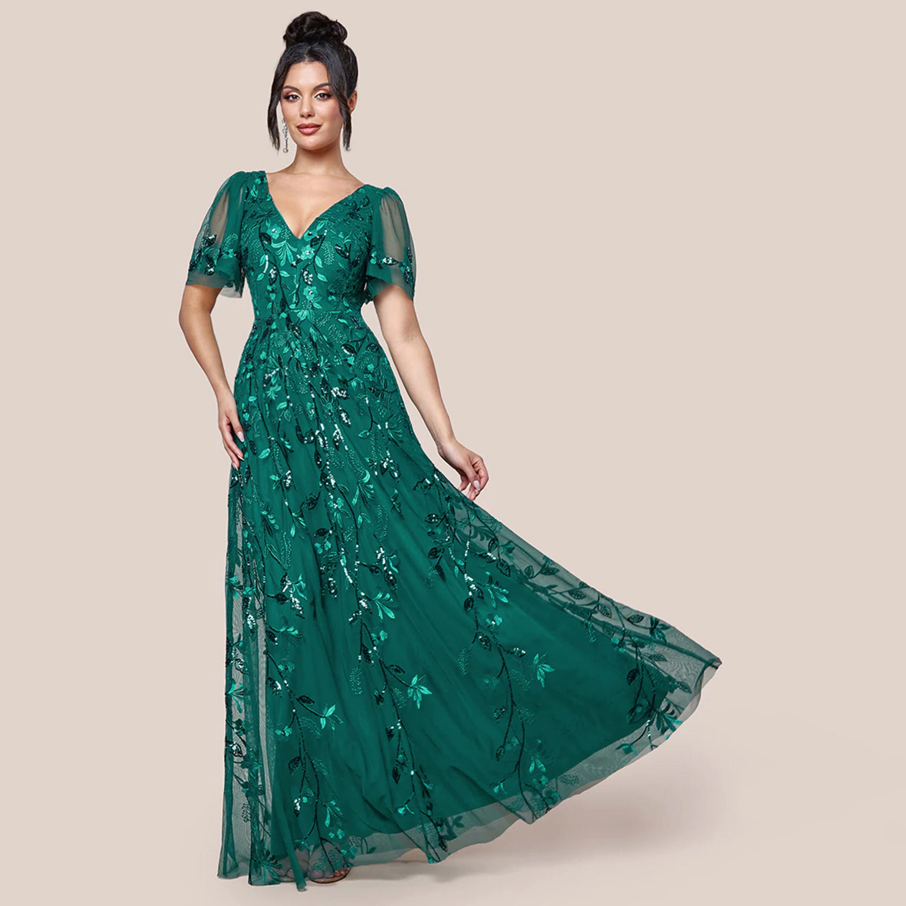 Goddiva Emerald Embroidered and Sequince Deep V-Neck Sheer Flutter Sleeves Evening Women's Gown-women-clothing-dresses-image-1