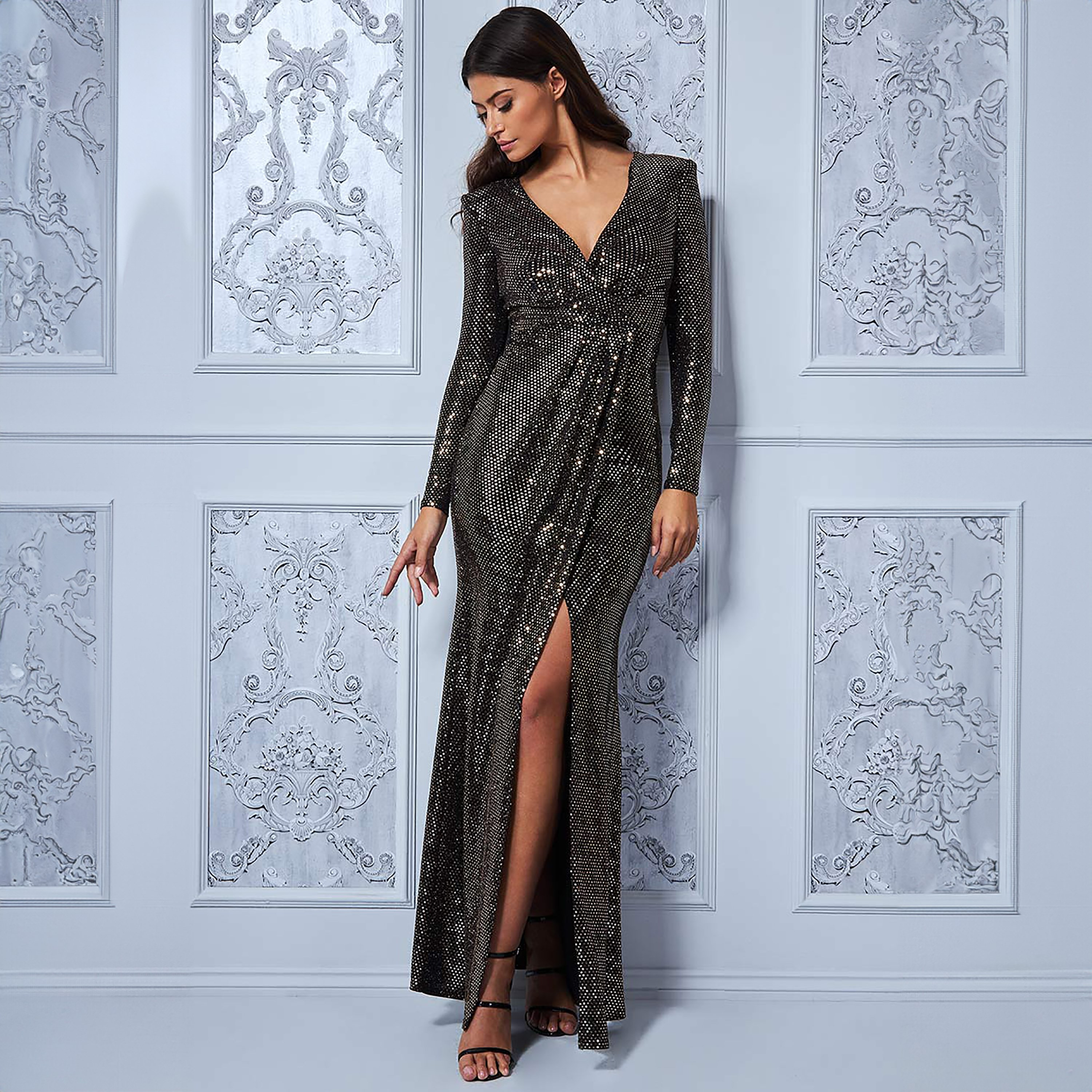 Goddiva Sequins V-Neck Front Slit Maxi Dress-women-clothing-dresses-image-1