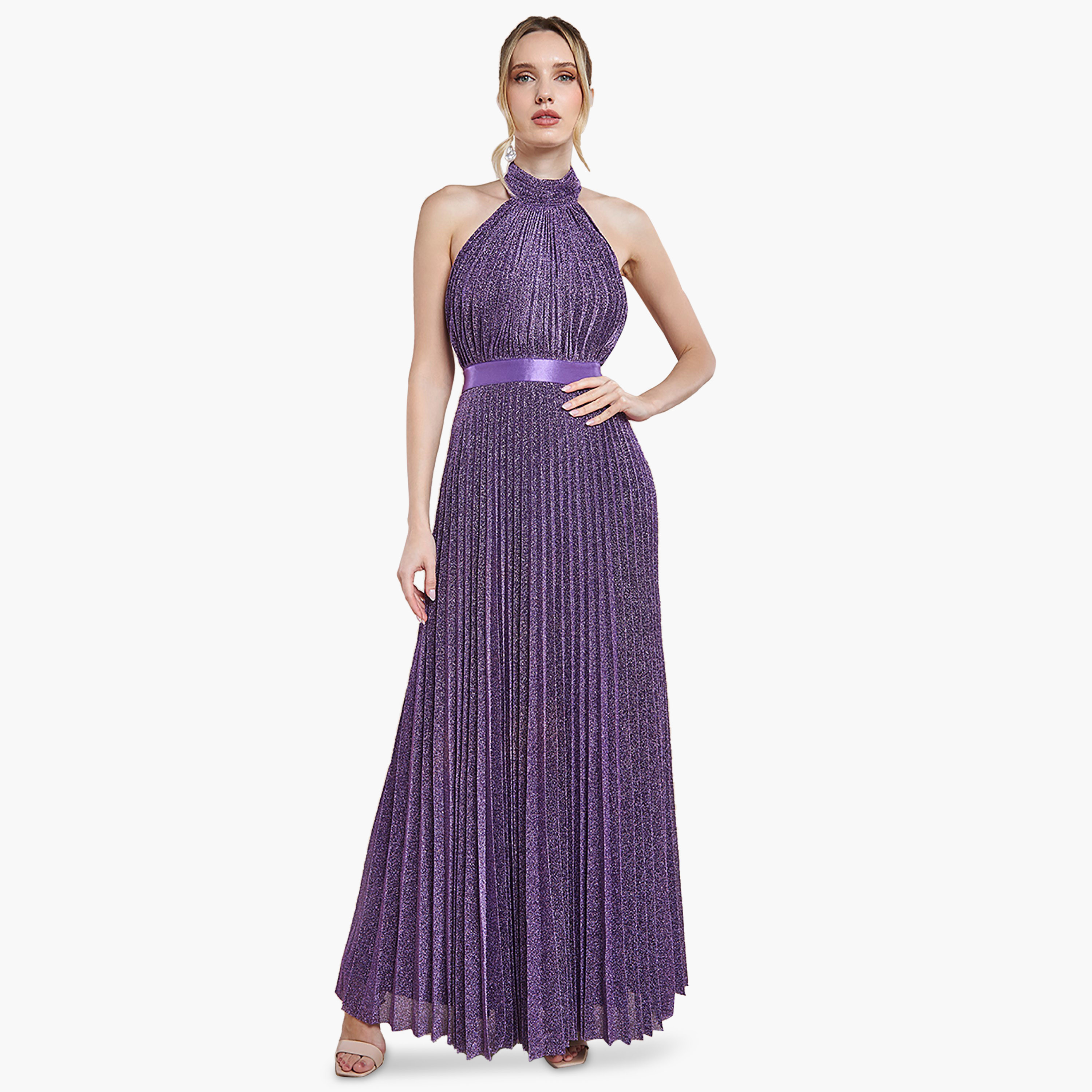 فستان ماكسي ذو متلألئة بطيات مع رقبة هالتر من جوديفا-women-clothing-dresses-image-1