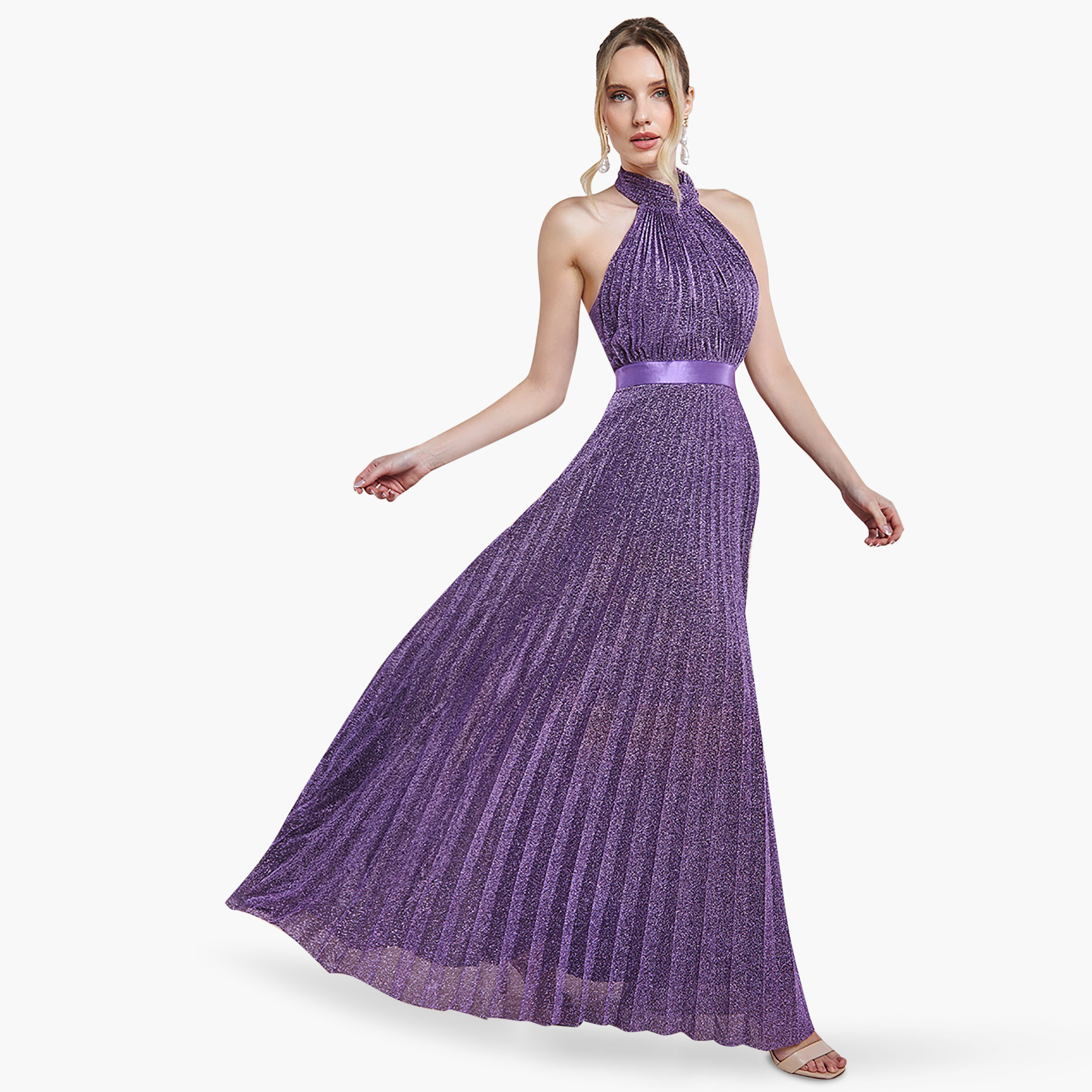 فستان ماكسي ذو متلألئة بطيات مع رقبة هالتر من جوديفا-women-clothing-dresses-image-2