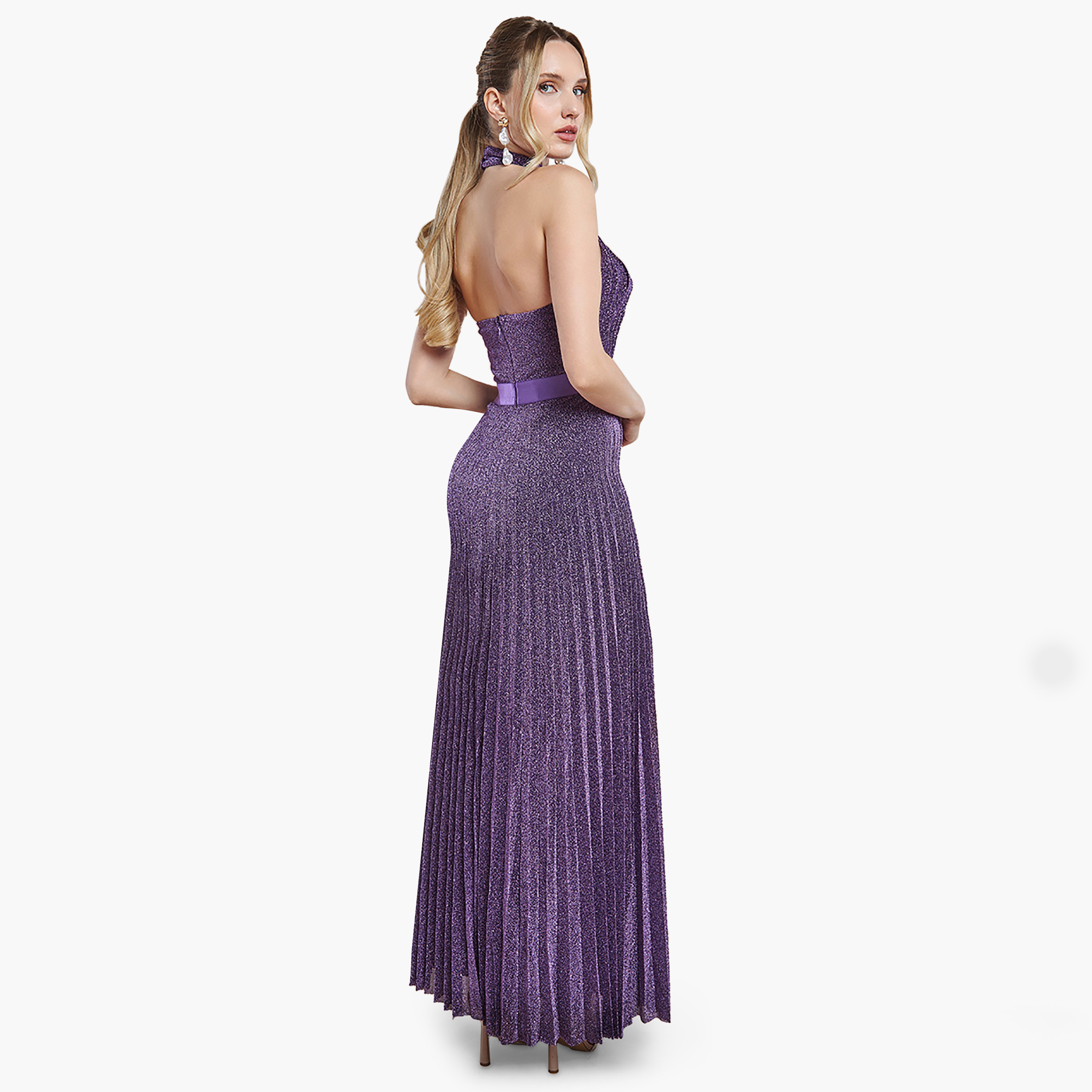 Goddiva Sparkle Halter Neck Pleated Maxi Dress-women-clothing-dresses-image-3
