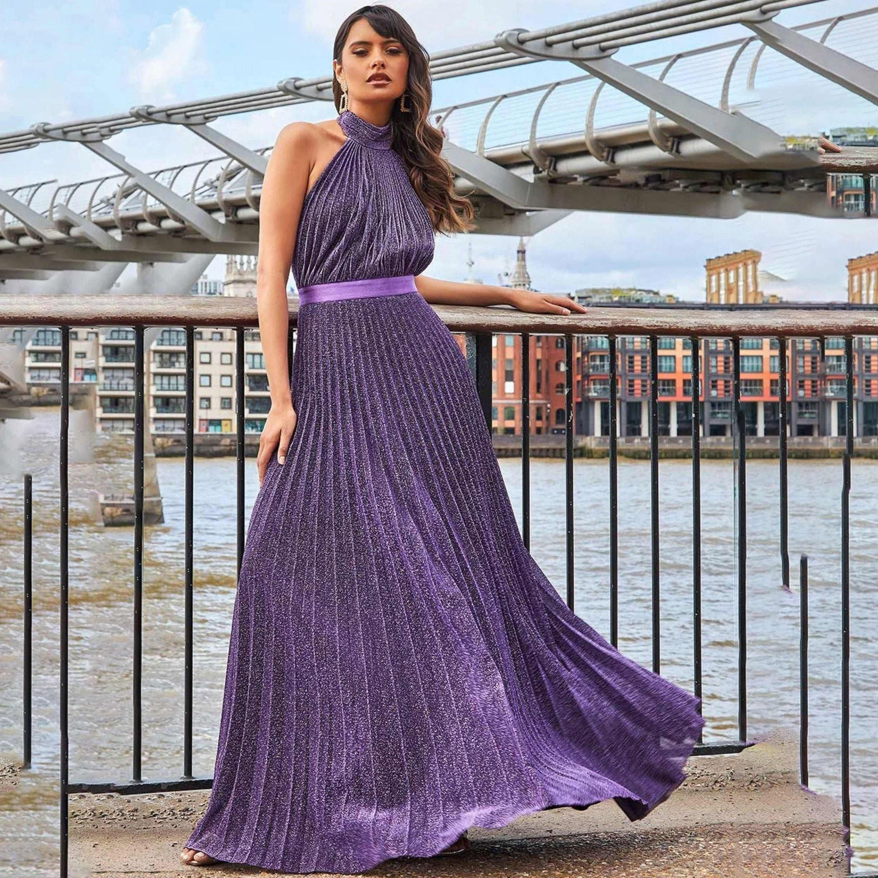 Goddiva Sparkle Halter Neck Pleated Maxi Dress-women-clothing-dresses-image-5
